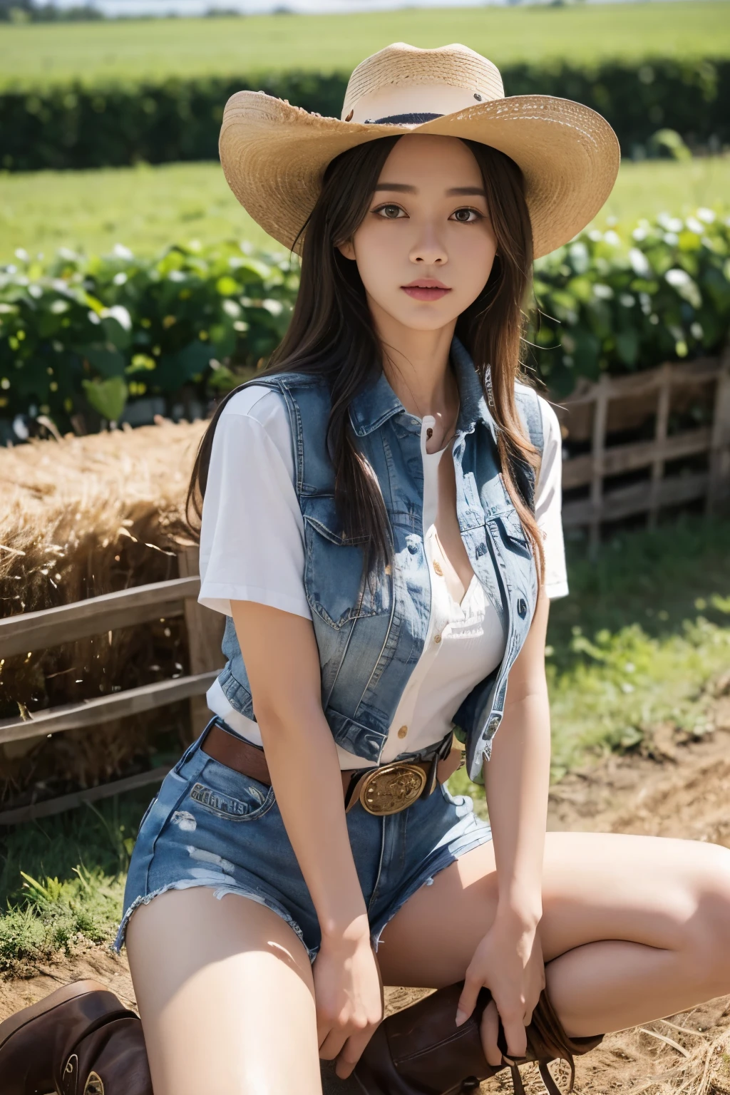((1 girl takes care of the farm)),(((cowgirl outfit))),(((Wear low-rise denim shorts and long western boots))),(((sit down and raise your knees))),(((wear a western hat))),(((wear a belt))),(((Wear a leather vest and a plaid front knot shirt))),(((Pubic Area Showing))),ulzzang-6500-v1.1, (RAW photogr:1.2), (Live photos:1.4), a beautiful detailed girl, Extremely detailed eyes and face, beautidful eyes, (((The background is the farm))),(((dairy cattle))),(((farm land))),ultra - detailed, A high resolution, quality, tmasterpiece, The content is very detailed, 8k wallpaper, Wonderful, Detailed pubic hair, quality, There is light on the face,电影灯光,