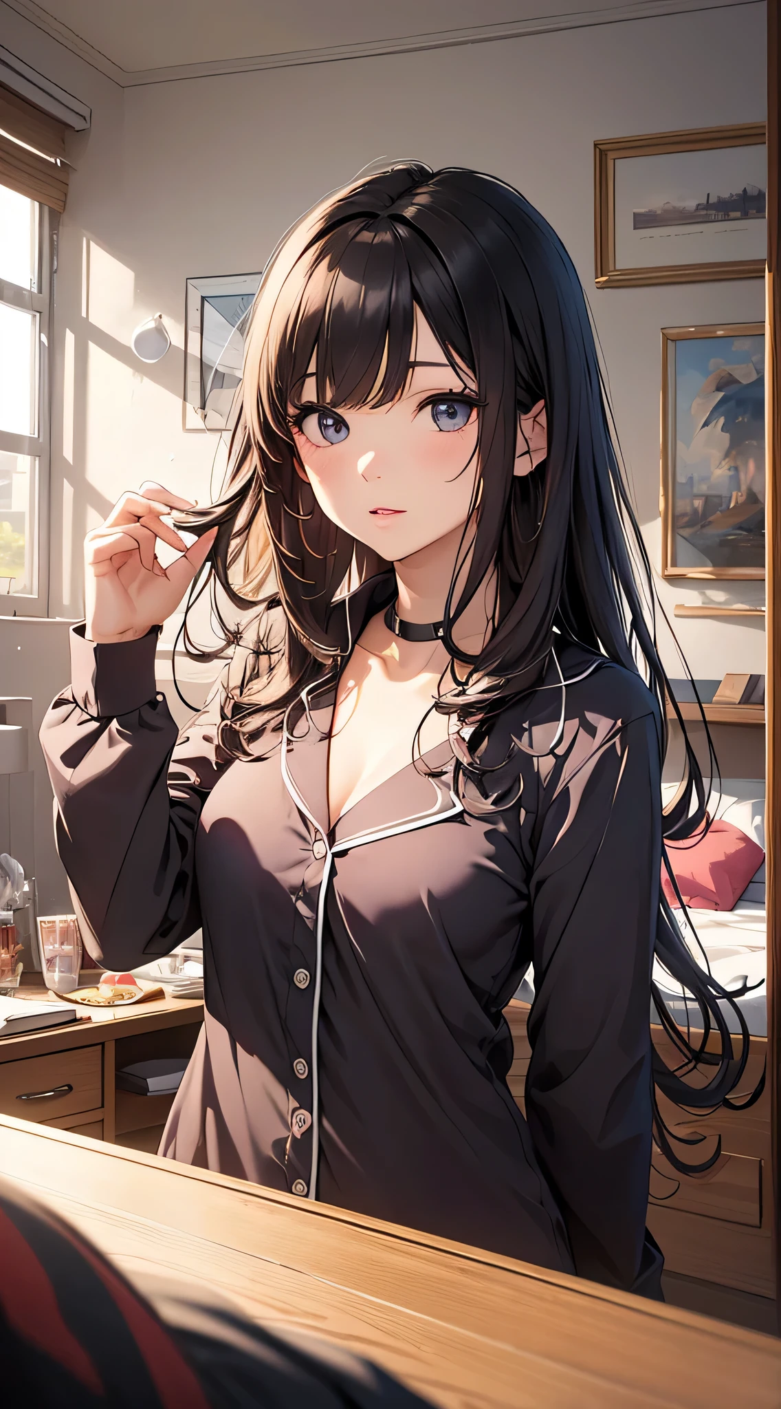 Anime girl with long black hair and blue eyes in a room - SeaArt AI