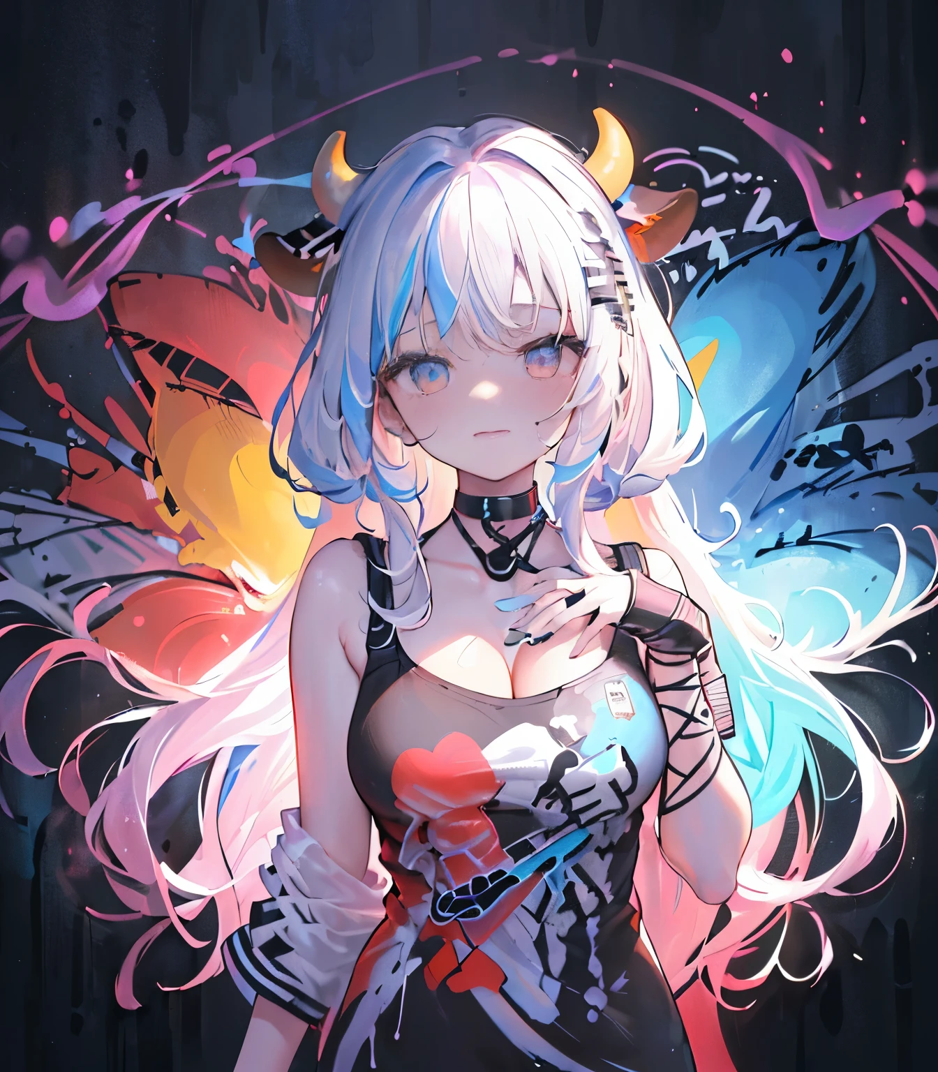 ((tmasterpiece)), ((Best quality at best)), ((ultra - detailed)),(Alone),(full bodyesbian:1.35),(cow boy shot),shot from afar,in a panoramic view,(dynamic angle),album,(bugs),
(1个Giant Breast Girl:1.Ink hair,long whitr hair, (Alone:1.2),,(Delicate and beautiful face:1.2),Detailed and complex eye chest,[[[musculature]]],,(picure),((ldisheveled hair),colorfulhair,Striped hair), of shoulders, (Street attire),collars,((Take the gift)), the night,(neonlight),light  smile,looking at viewert,
Bad handwriting ,((graffitti background)), (dimly lit scene), (Complex and messy fluorescent graffiti on the street (the wall:1.2)), hip hop style, Cool and stylish hoodie, Contour deepening,漫picure,double contact, (color difference), light  leaks, Noise and particles, color degragation,designs, Artistically, abstract Artistically, geometry, Clear lines, square shapes, bright, limited palette