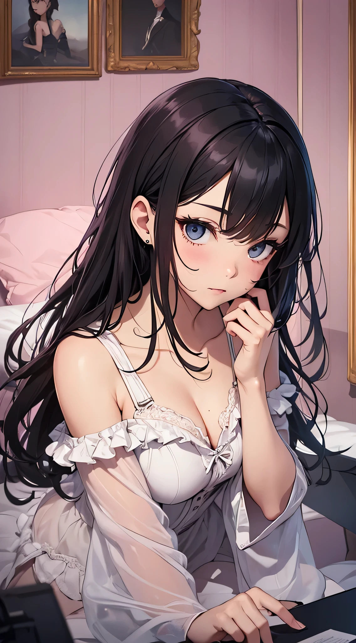 top-quality、Top image quality、​masterpiece、 girl((Black pajamas、18year old、 Ager、Best Bust、big bast,Black eyes, Black hair、A slender,Large valleys、Clean and clean、床futon beddingの上)),hiquality、Beautiful Art、Background with((Nice and clean room.、futon bedding、cute chest、animal stuffed、pink walls、DVR、Aroma diffuser))​masterpiece、depth of fields,Cinematic style