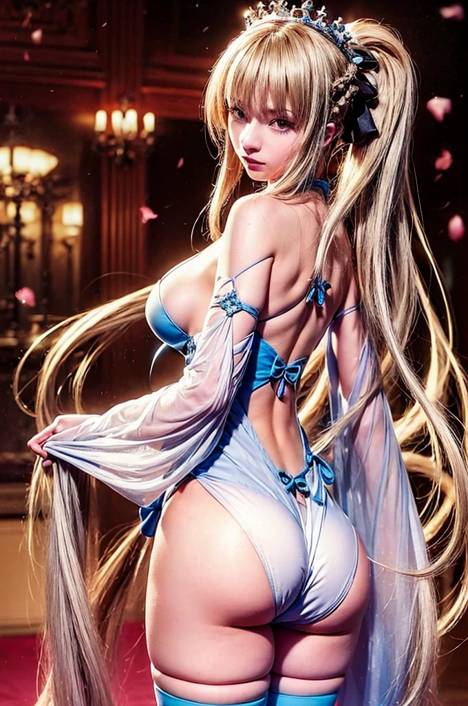 (masterpiece ,Best Quality,Insanely detailed),Beautiful 8K CG artwork,1 absolutely beautiful woman,solo,morgan le fay (fate),detailed face, perfect face, perfect eyes,detailed and beautiful eyes,Twinkle Eyes,blue eyes,Long Hair, pony tail,Very long hair,Braids,hair between eye,big boob, black bow,Hair Bow, thighs,side locks, French braid, grey hair,,bangss,large full breastare shoulders​,Smile,red blush,Hi-Res,Large breasts, cleavage, Underchest, Just look at the audience, very large breast, (Large valleys), (large sagging breasts), sexly, Glamorous body,fishnet tights,cowboy  shot,looking at the viewerreastsoutLooking back,Sticking out the buttocks,The back is visible,in hotel,The table,award - winning photo, (Looking at Viewer:1.2),Goddess-like posture,Kneeling exercise,Slim and soft,Translucent skin,perfect figure,Glossy lips, Perfect Anatomy , Perfect five fingers,Attractive,amazing, Super Fine Age,