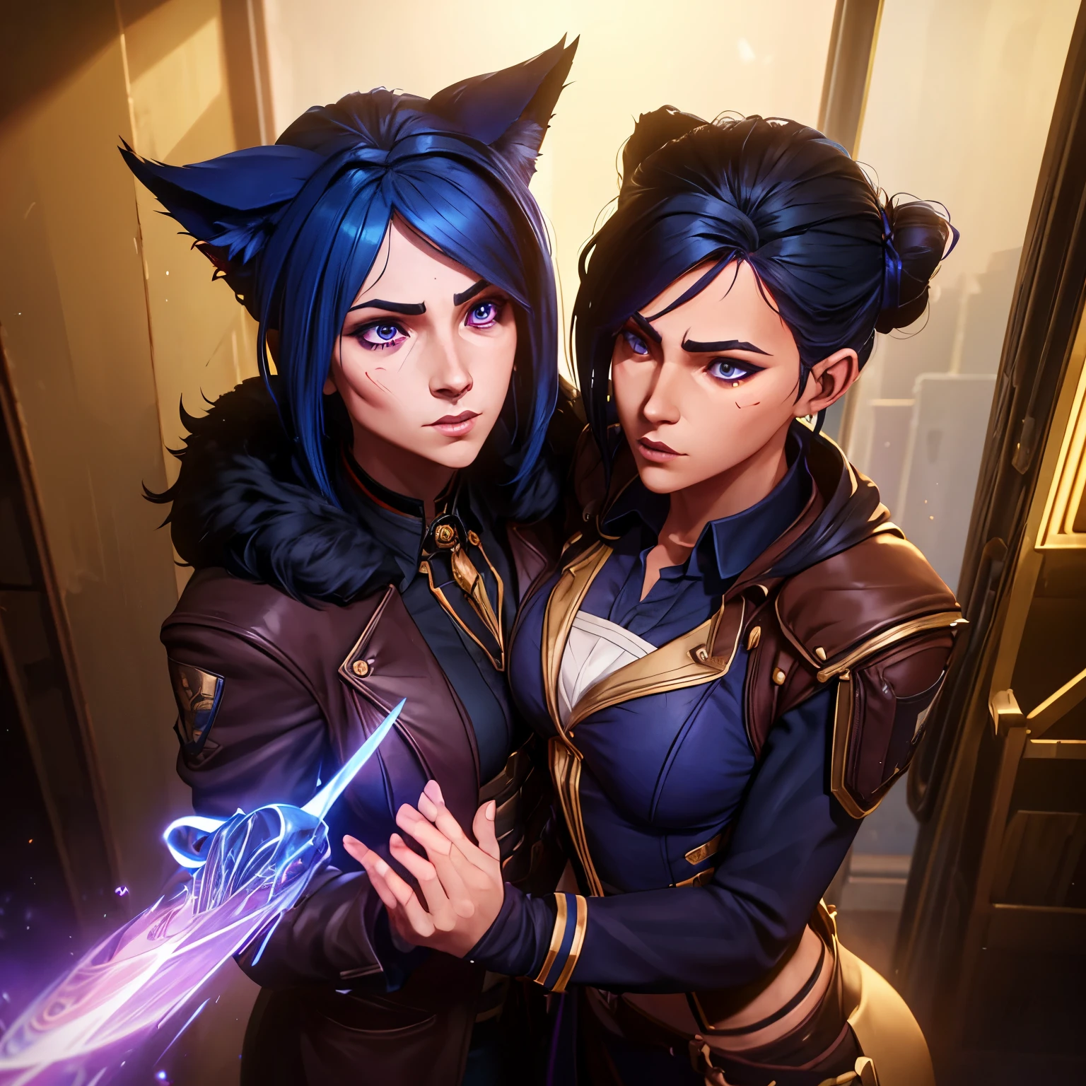 Jayce’s lab assistant. I seem different from the normal Piltover citizen however. I have a half mask that covers my left eye, a blue and black fox covering about half my face. I dress in mostly leather with blue accents and blue crystal jewelry adorns my ears and fingers. My deep black wavy hair is tied up into a bun and you can swear you see streaks of color in it. My right eye is blue while my left is purple and under the mask there is a deep scar that almost glows purple