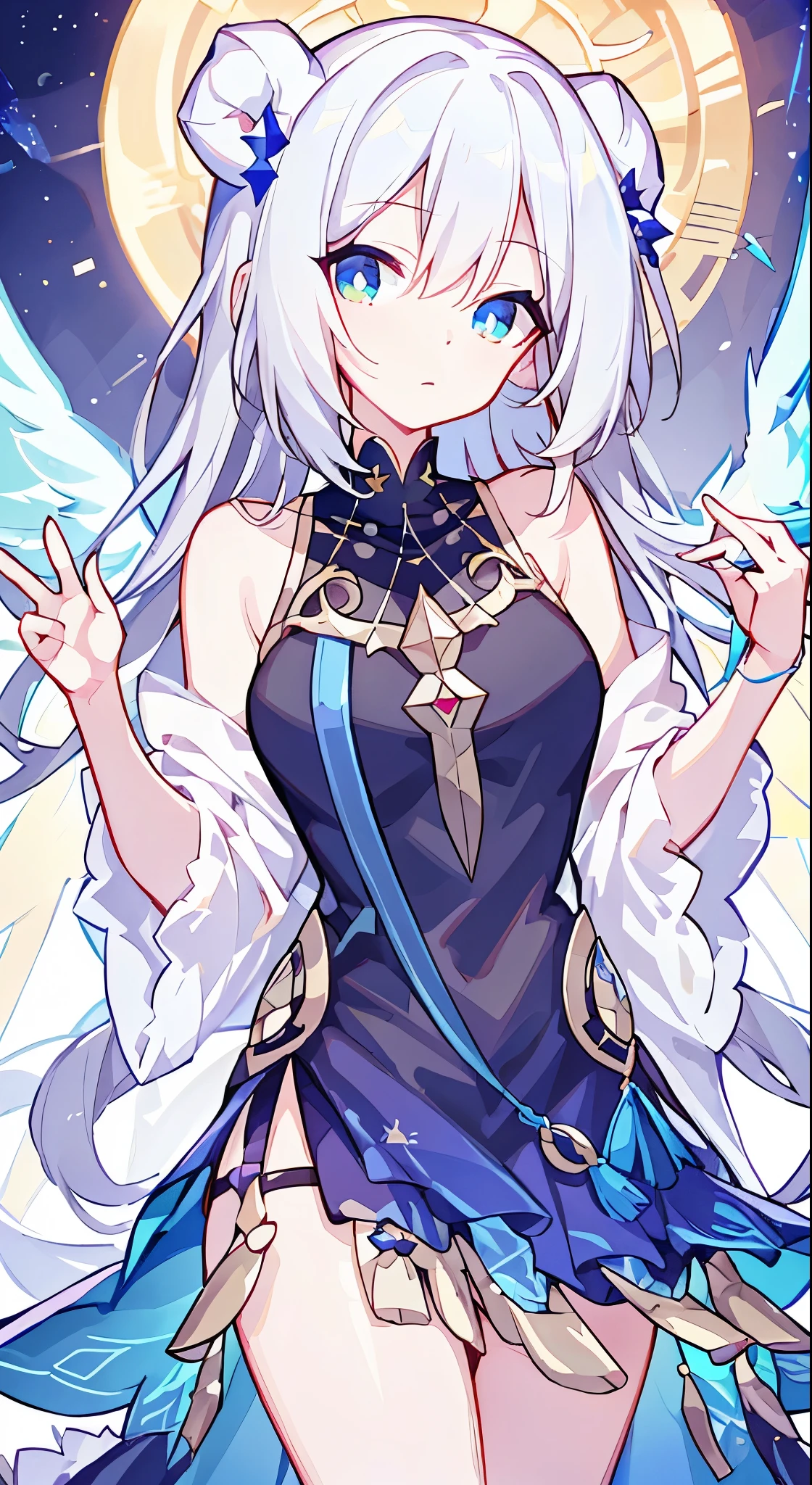 (Best Quality,8K,hight resolution:1.2), Brightly colored hair waving in the wind, Captivating rainbow-colored eyes like a kaleidoscope, Cute and innocent face with rosy cheeks, the fantastical existence of an angel, A moonlit night that emits a soft light, sacred figures and mythical beings, Mini skirt fluttering in the wind, tops that show shoulders, Elegant uniforms, dramatic long oxtail hair, delicate and sophisticated curves, Highly detailed and realistic representation, highest level of craftsmanship, Reproduce breathtaking details in 8K resolution, Vibrant colors that pop out, The perfect combination of realism and fantasy, A mesmerizing masterpiece that captures every intricate detail.