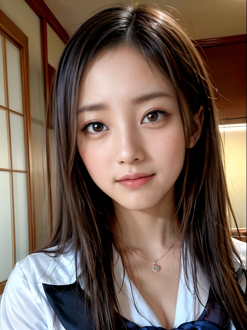 Photorealsitic:1.3、8K, RAW portrait of、 (Women in Japan),​masterpiece、photos realistic, 超A high resolution, Best Quality, Real life photography ,( At night ),
1womanl,(( Girl showing off her nipples in the bedroom late at night)),((very realistic japanese high school students))、((Japan High School Uniforms:1.6))、inside in room、slender physique、Delicat eyes,eyeshadow and eyeliner、  ((dark-brown eyes:1.5))、(Authentic skin texture)、(Immersive atmosphere:0.8、Chiaroscuro:1.2) 、(looking at viewert)、((embarrassed from:1.5))、A smile:0.5、((Shyness:1.5))、((Reddened cheeks:1.3))、((Close-up on the face:1.75))、open-shirt