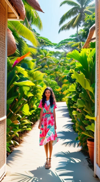 Medium height, with an exotic and elegant appearance. Curly and voluminous hair, which cascades over his shoulders, standing out for its dark brown color. Brown skin, Carnival, with a natural glow that reflects its tropical origin. Large, expressive eyes, amber in color, that radiate warmth and vivacity. Long and colorful dress: Mariana wears a long and flowing dress, with vibrant prints that refer to the tropical landscapes of Brazil. The dress has elegant cuts and lace details, highlighting her femininity. Wood accessories and foliage: She complements her look with wooden accessories such as hand-carved necklaces and bracelets that bring elements of nature. Tropical flowers adorn your hair, providing a touch of freshness and exoticism. The setting is a paradisiacal beach in northeastern Brazil. The fine white sand stretches as far as the eye can see, while the turquoise sea gently kisses the shore. Palm trees sway gently in the wind, creating comforting shadows. The sun shines brightly in the sky, illuminating the entire scenery with its golden light. Mariana walks along the beach, feeling the warm breeze and the smell of the sea. The sound of the waves mixes with the cheerful music played in the background. It enjoys the tranquility and natural beauty of the place, radiating an infectious energy and celebrating life.