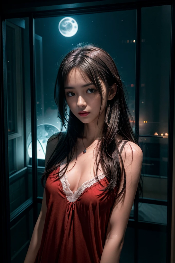 (Photoreal Stick:1.5, masutepiece:1.5, 8K), (top-quality, masterpiece, 超A high resolution), Perfect dynamic composition, Professional camera work:1.4, Highly detailed skin and facial texture:1.3, Mystical portrait:1.3, Grow Light Effect, The ultra-detailliert, 1girl in, ((Night view from inside the building, Pitch black room:0.9, The moonlight at night shines through the glass)), (light red nightgown), Model body type, Clear face, (Beautiful and seductive eyes:0.9, Enraptured look:1.0, i love you completely:0.8, A mouthfeel that feels beautiful eros:0.7), (Wet dark brown medium hair), the chest is medium, a necklace, (Leaning against the window, Sit up), ((seductiv))
