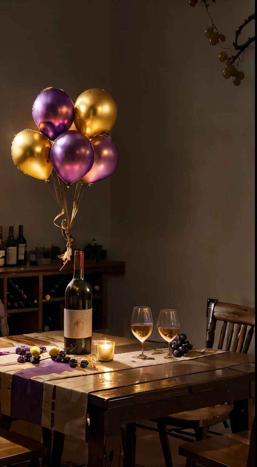 studio, Photography concept for black table, Streamers, Old logs, Several bunches of grapes, Grape leaves, A bottle of plum blossoms, centered around a glass of wine, There were a few bottles of wine next to it, Light comes in from the left, Bright surroundings, New Year atmosphere, Golden balloons, silver balloon, Red balloon