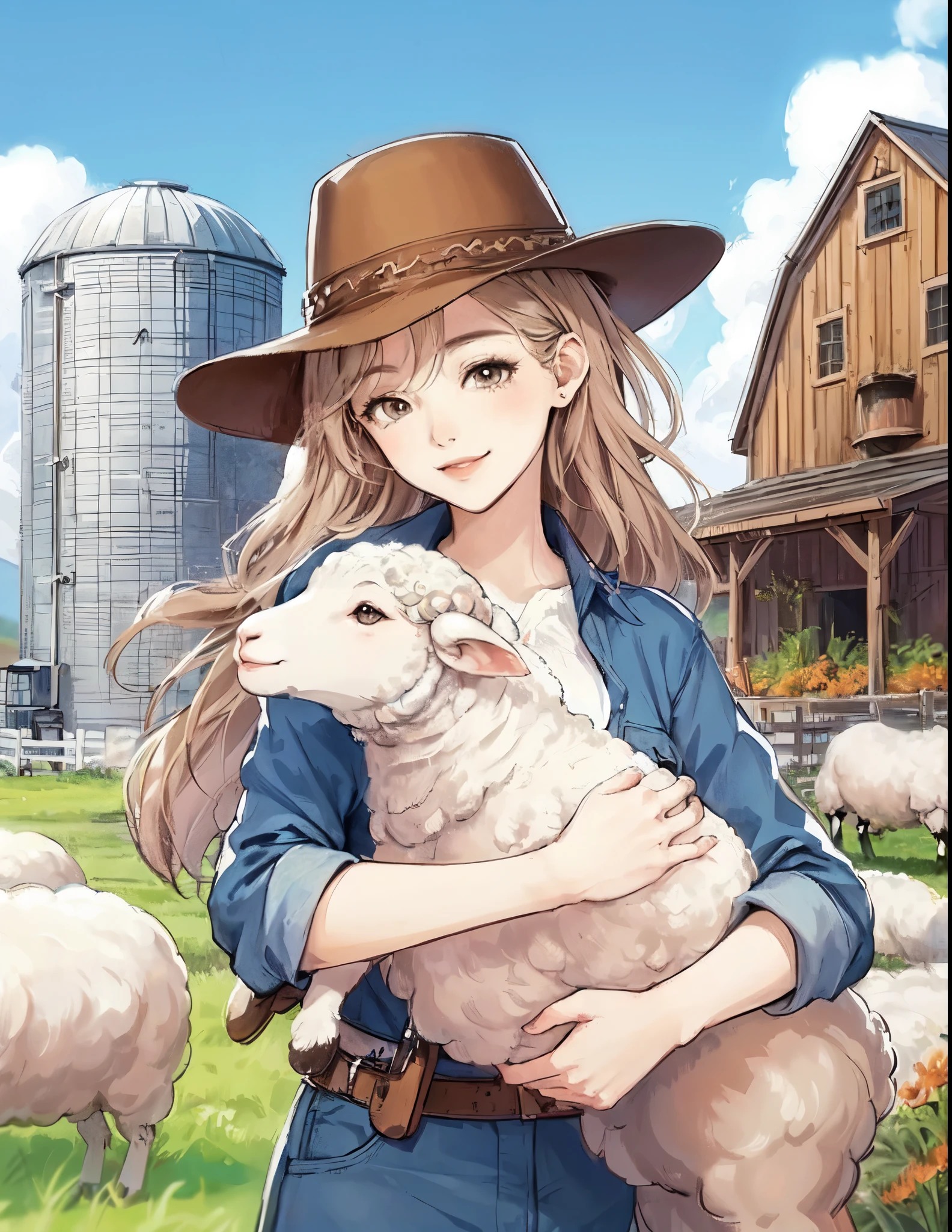 1lady solo, rancher (stylish outfit), (holding a sheep:1.2) (lifting a sheep), (looking at the sheep), mature female, /(light brown hair/) bangs, kind smile, (masterpiece best quality:1.2) delicate illustration ultra-detailed, large breasts BREAK (realistic sheep) illustration BREAK (sheep farm outdoors) (lots of sheep), (western-style sheep barn and silo), blue sky