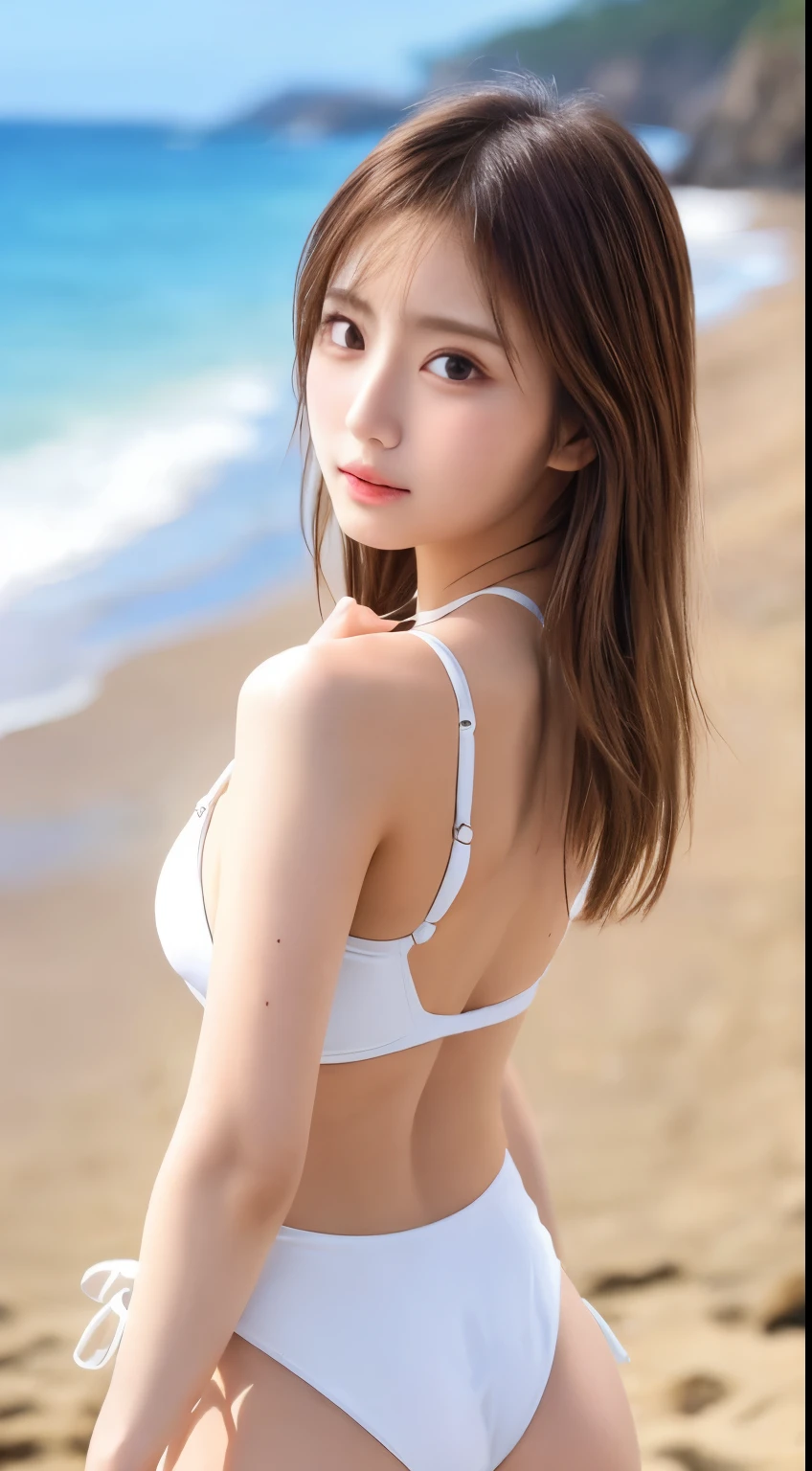 1womanl, (up of face:1.5), light brown hair, Blunt bangs, hair behind ear, hair over shoulder, Long hair, Ultra Fine Face, Thin face, eyes like delicate lips:1.5), thin blush, eyes are light brown,View here, Ultra-thin hands, Ultra-fine fingers, best ratio four finger and one thumb,White swimsuit、micro ?????? tie ?????? nandi beach background,One-person viewpoint,  8K, masutepiece, nffsw, Super Detail, High quality, Best Quality, hight resolution,