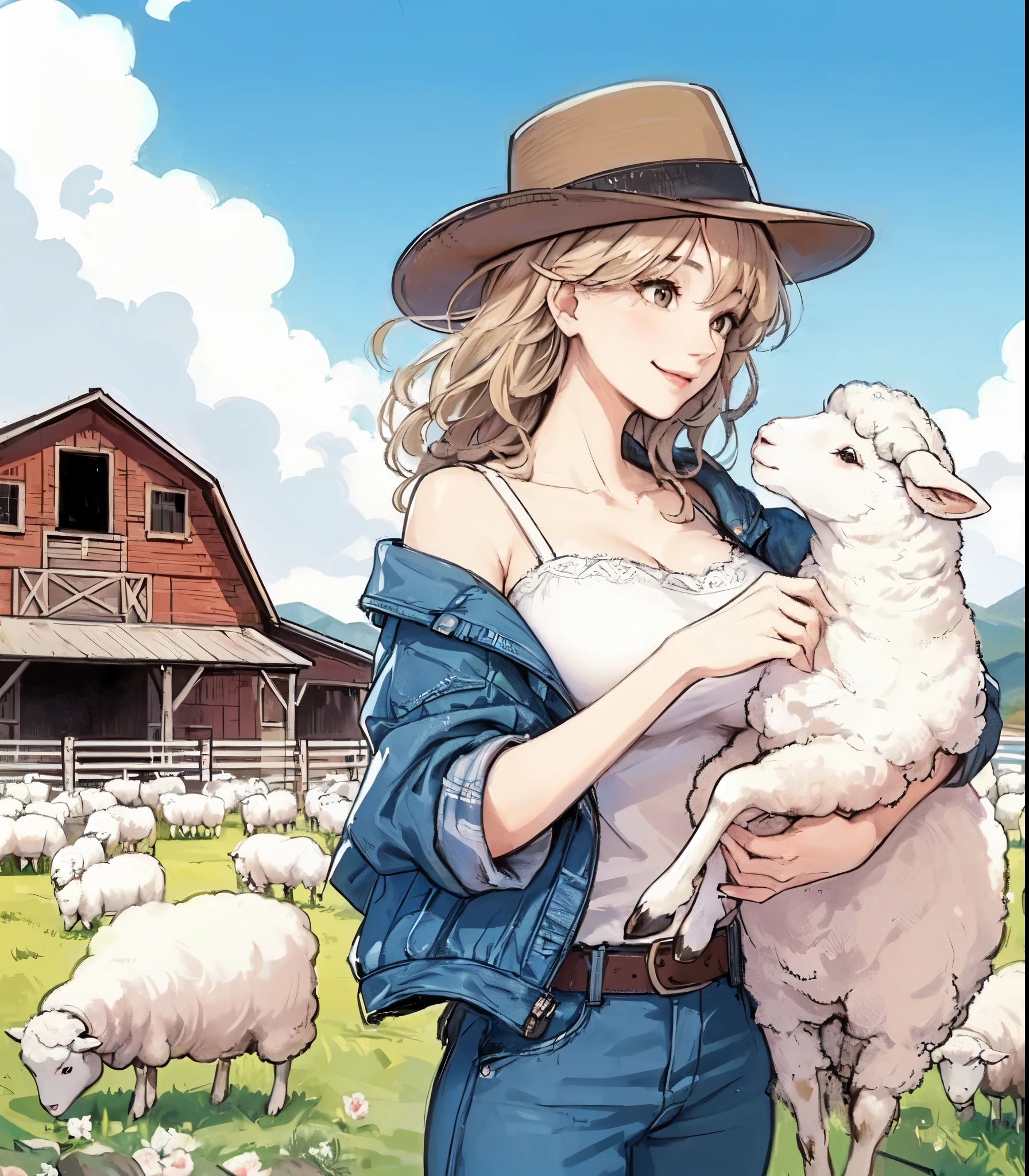 1lady solo, rancher (stylish outfit), (holding a sheep:1.2) (lifting a sheep), (looking at the sheep), mature female, /(light brown hair/) bangs, kind smile, (masterpiece best quality:1.2) delicate illustration ultra-detailed, large breasts BREAK (realistic sheep smiling) illustration BREAK (sheep farm outdoors) (lots of sheep), (western-style sheep barn and silo), blue sky