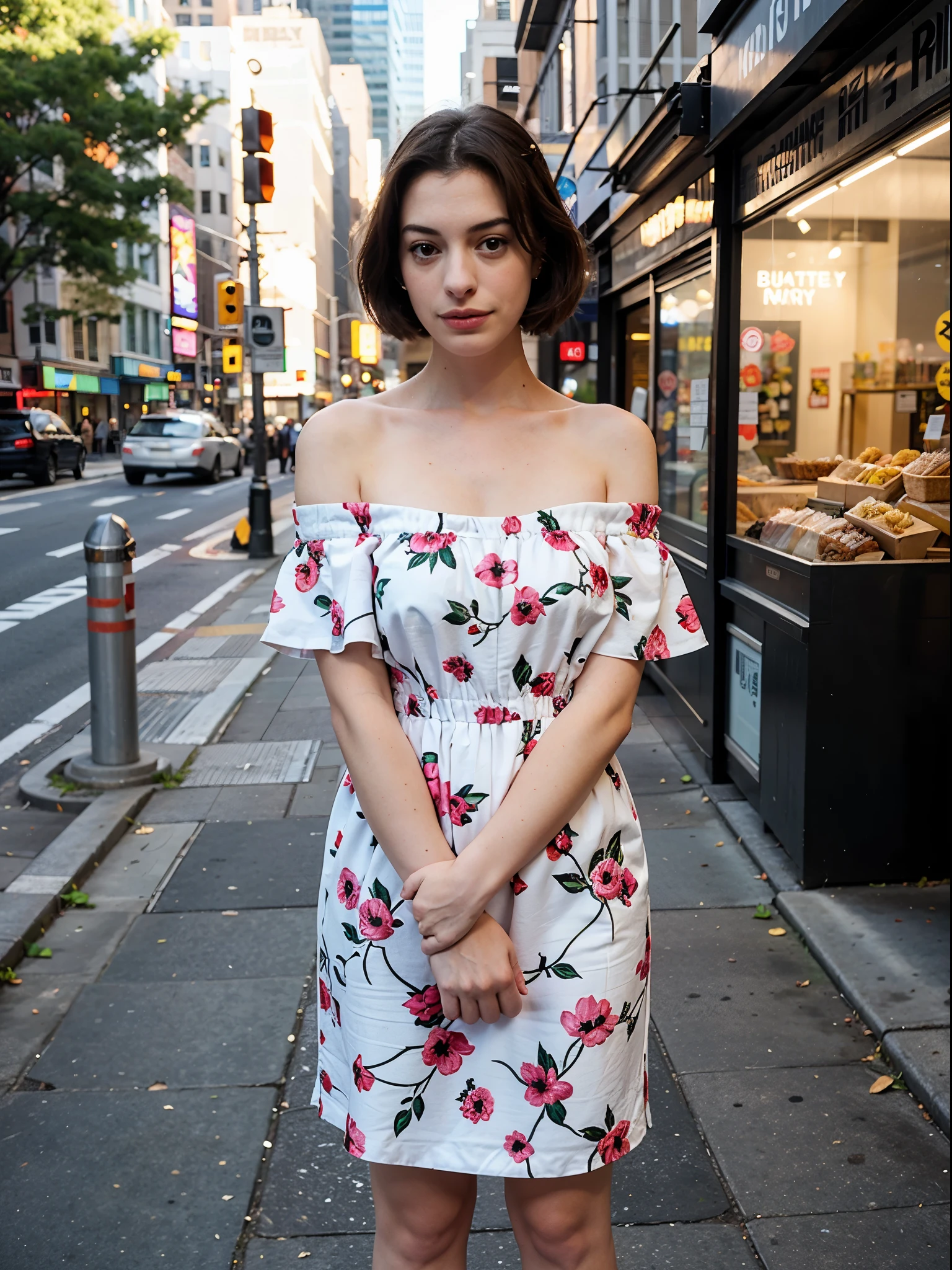 25 y.o, off shoulder dress, motif, face like anne hathaway, new york