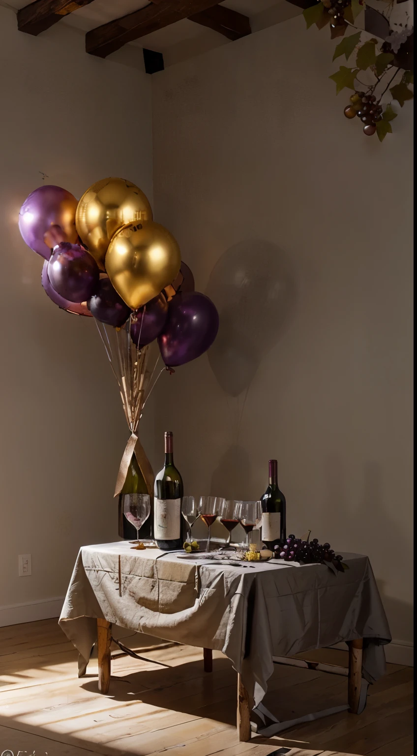 studio, Photography concept for black table, Streamers, Old logs, Several bunches of grapes, Grape leaves, A bottle of plum blossoms, centered around a glass of wine, There were a few bottles of wine next to it, Light comes in from the left, Bright surroundings, New Year atmosphere, Golden balloons, silver balloon, Red balloon