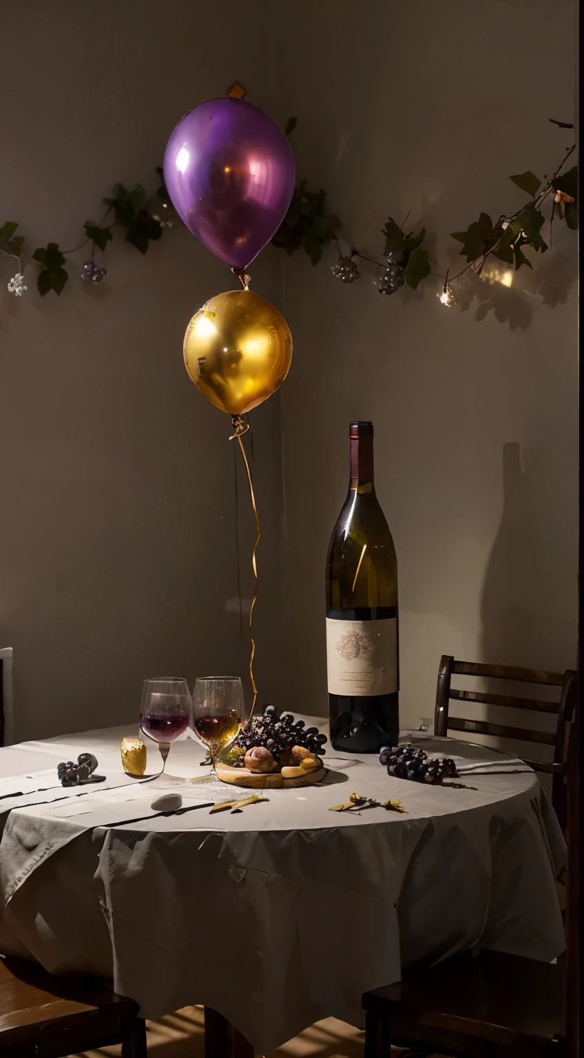 studio, Photography concept for black table, Streamers, Old logs, Several bunches of grapes, Grape leaves, A bottle of plum blossoms, centered around a glass of wine, There were a few bottles of wine next to it, Light comes in from the left, Bright surroundings, New Year atmosphere, Golden balloons, silver balloon, Red balloon