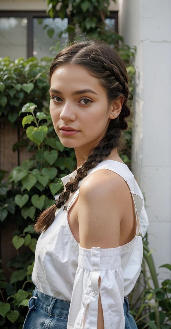 A minimalist yet impactful portrait of a young woman modeling a repurposed vintage outfit. Her hair is styled in a simple braid, and she wears a carefully curated ensemble of thrifted clothes and upcycled accessories. The backdrop is a lush urban garden, showcasing her commitment to sustainable fashion and ethical consumption. The overall mood is conscious and creative, inspiring viewers to embrace a more mindful approach to style and environmental responsibility.
