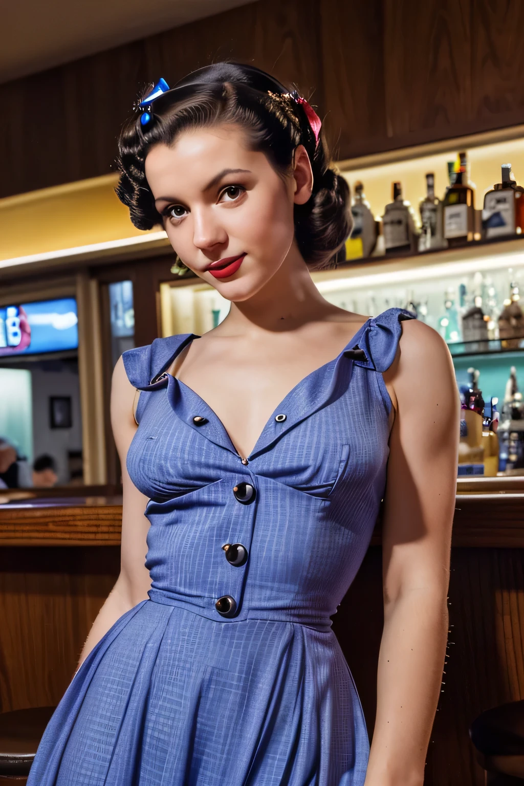 Full body portrait of Betty (1940s style, sailor dress, Highly detailed:1.3), (Highly detailed face:1.8), (Pompadour hairstyles in the 1940s:1.3), (Slim body, Small breasts, small hips:1.5), (Leaning against the bar:1.5), (dark backgrounds, old, Big band bars in the 1940s:1.4), (soft studio lighting, volumetric shadow), JCH Street Pan, ISO 100