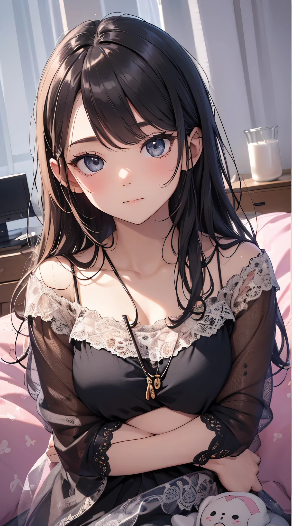 top-quality、Top image quality、​masterpiece、Teenage girl((loose black pajamas、18year old、 Ager、Best Bust、big bast,Black eyes, Black hair、A slender,Large valleys、Clean and clean、床futon beddingの上、Yawn、raise arms)),hiquality、Beautiful Art、Background with((Nice and clean room.、futon bedding、Cute breasts、animal stuffed、pink walls、DVR、Aroma diffuser))​masterpiece、depth of fields,Cinematic style