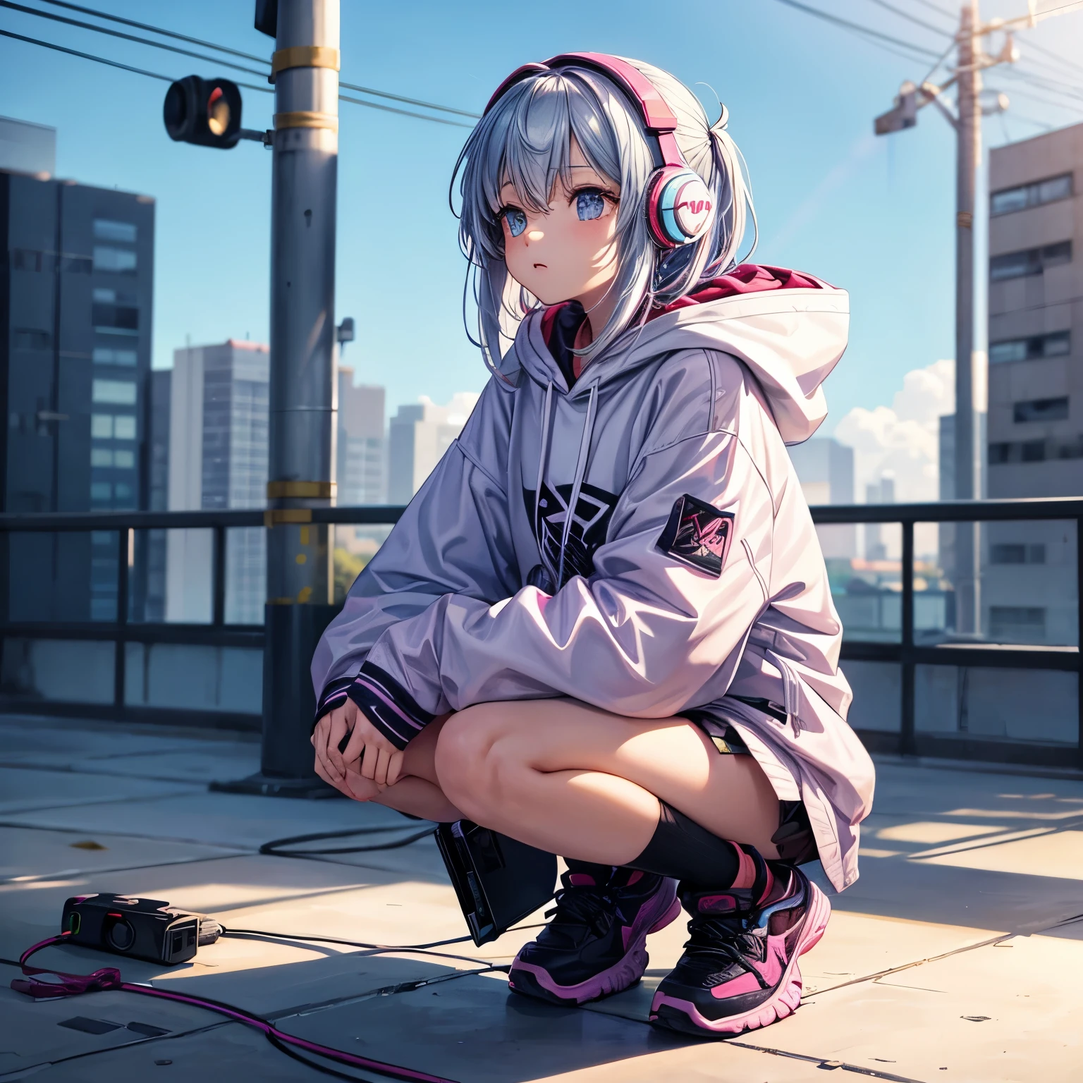 1girl in,A girl squatting alone looking to the side,wearing a pastel colored hoodie,Eye color is aurora,Different left and right eye colors,wearing fancy headphones,There are many earphones, music meters, adjustment devices, and cords attached to the clothes.,He has lots of earphone jacks and wears robot-like clothes.,Playing electric guitar,Generated in anime style,