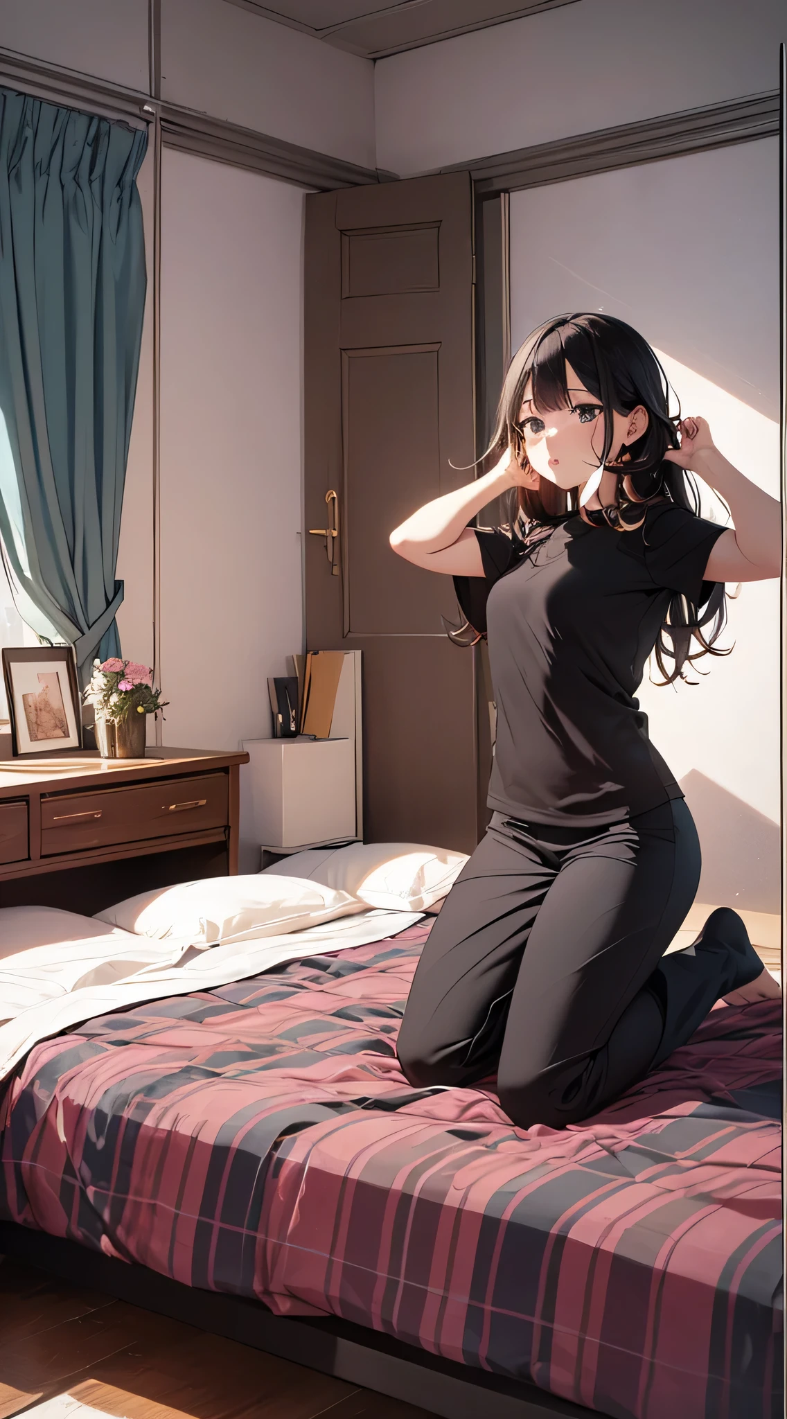 top-quality、Top image quality、masterpiece、Teenage girl((loose black pajamas、18year old、 Ager、Best Bust、big bast,Black eyes, Black hair、A slender,Large valleys、Clean and clean、床futon beddingの上、Yawn、raise arms)),hiquality、Beautiful Art、Background with((Nice and clean room.、futon bedding、Cute breasts、animal stuffed、pink walls、DVR、Aroma diffuser))masterpiece、depth of fields,Cinematic style