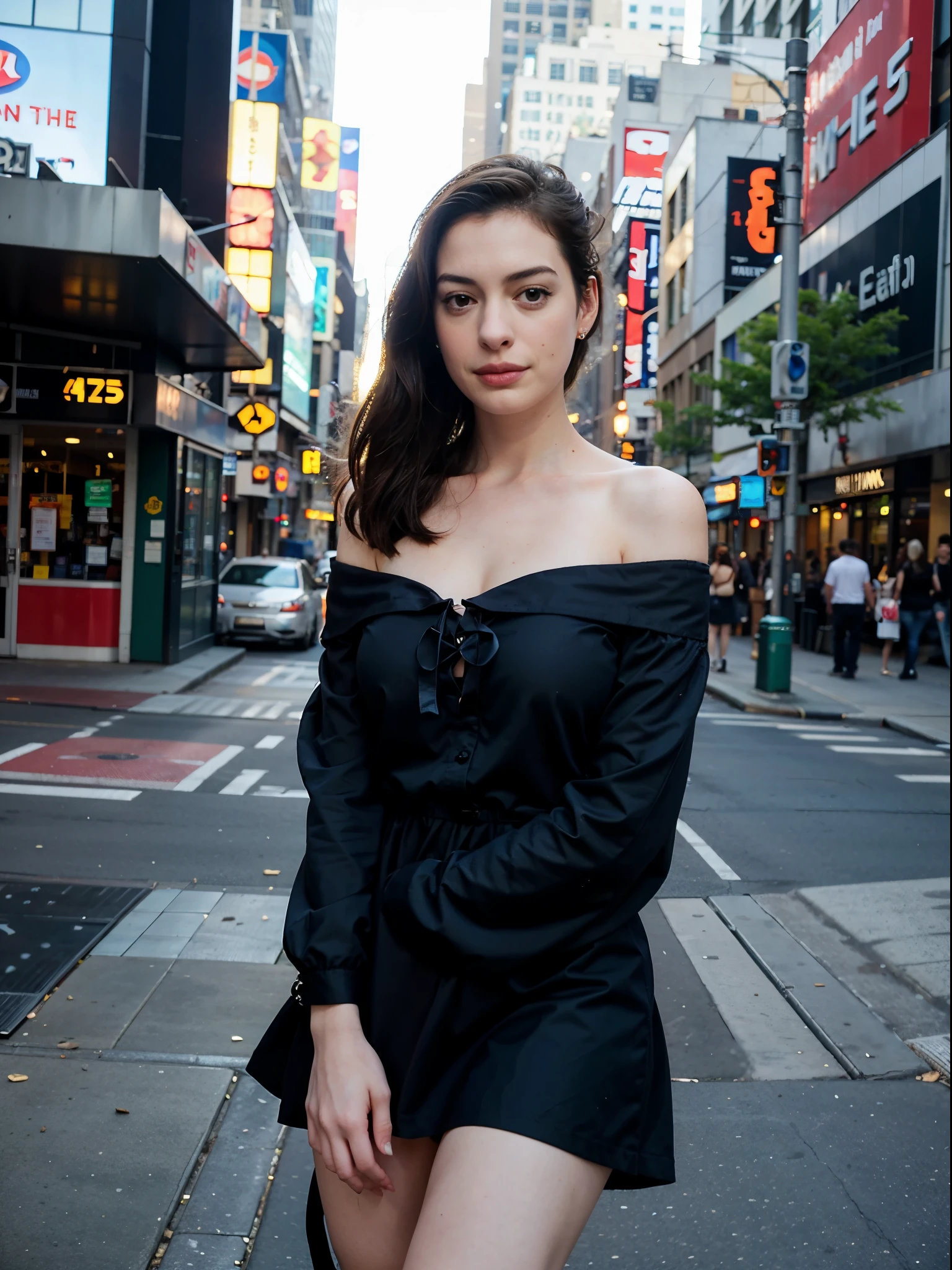 25 y.o, off shoulder dress, motif, face like anne hathaway, new york