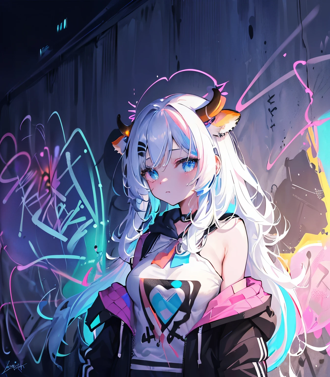 ((tmasterpiece)), ((Best quality at best)), ((ultra - detailed)),(Alone),(full bodyesbian:1.35),(cow boy shot),shot from afar,in a panoramic view,(dynamic angle),album,(bugs),
(1个Giant Breast Girl:1.Ink hair,long whitr hair, (Alone:1.2),,(Delicate and beautiful face:1.2),Detailed and complex eye chest,[[[musculature]]],,(picure),((ldisheveled hair),colorfulhair,Striped hair), of shoulders, (Street attire),collars,((Take the gift)), the night,(neonlight),light  smile,looking at viewert,
Bad handwriting ,((graffitti background)), (dimly lit scene), (Complex and messy fluorescent graffiti on the street (the wall:1.2)), hip hop style, Cool and stylish hoodie, Contour deepening,漫picure,double contact, (color difference), light  leaks, Noise and particles, color degragation,designs, Artistically, abstract Artistically, geometry, Clear lines, square shapes, bright, limited palette