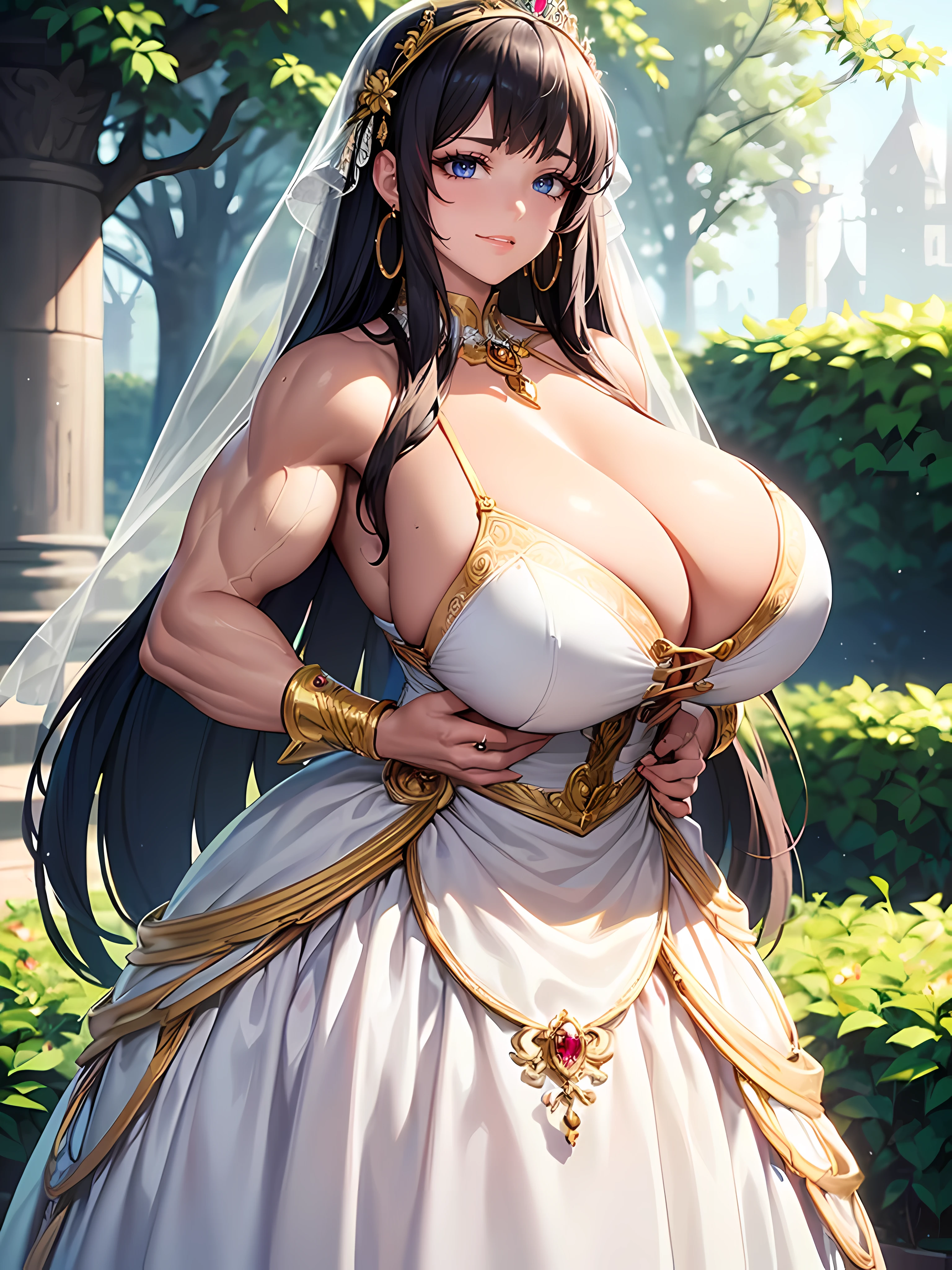 ((Anime Art Style)),(masutepiece),(Best Quality), (Super Detail),(Highly detailed CG Unity 8k wallpaper),((Very delicate and beautiful)),((Full body portrait)),((Stand in the garden)),((Solo)),(((One princess in gorgeous embroidery and jeweled very gorgeous Rococo princess ball gown with voluminous full-length hoop skirt ))),(((Crinoline Hoop Skirt))),Long Train,((Gorgeous embroidery and jewelry)),voluminous ruffles,(((very very gigantic boobs,Skindentation))),cleavage,((Very long straight hair,Very voluminous straight long hair,Very long straight hair)),(finely detailed face and eyes),((Seductive smile,embarrassed)),Beautiful eyes like jewels,Very gorgeous hair ornament,(A very gorgeous tiara adorned with bling-bling jewels),((Glitter Gorgeous Gemstone Jewelry)),Gorgeous Long Veil,(opera gloveeautiful background),(Full body),((gorgeous embroidery and jeweled gorgeous Rococo princess ball gown with voluminous full-length hoop skirt)), ((((huge muscles))))