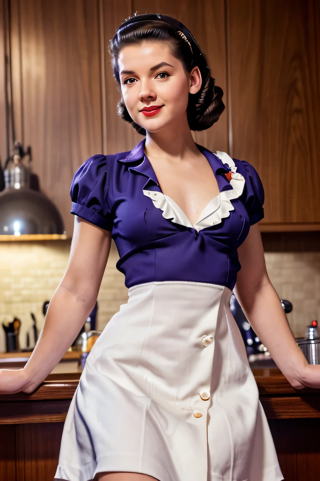 Full body portrait of Betty (1940s style, sailor dress, Highly detailed:1.3), (Highly detailed face:1.8), (Pompadour hairstyles in the 1940s:1.3), (Slim body, Small breasts, small hips:1.5), (Leaning against the bar:1.5), (dark backgrounds, old, Big band bars in the 1940s:1.4), (soft studio lighting, volumetric shadow), JCH Street Pan, ISO 100