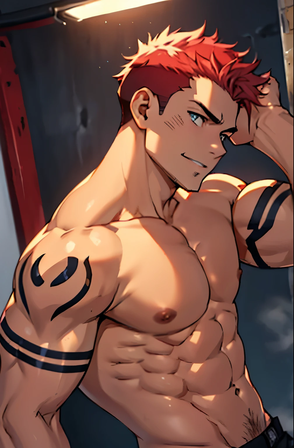A mais alta qualidade, 8K, image high resolution, Detailed strokes, no vestiario masculino com algumas pessoas se trocando dentro , 夏天 , muito calor, apoiado em um dos armario, adolecente, Red Hair, no shirt , masculo, swollen chest , suado, (Angle that highlights your muscles ), (Angulo Perto) , musculos amostra, pernas definidas, defined arms, abdomen definido, no shirt, corpo suado por causa do calor, lindos corpo musculoso e definido, corpo detalhado