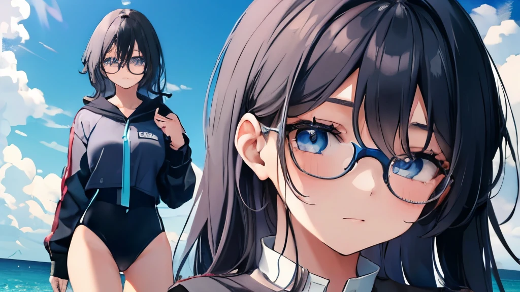 Female, 18 years old, blue-black hair, blue-blue eyes, wears round glasses, wears a school uniform, has her hair down long A shy expression Wear a swimsuit