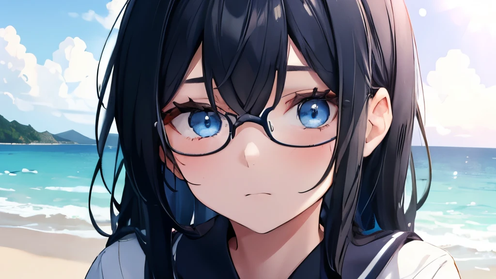 Female, 18 years old, blue-black hair, blue-blue eyes, wears round glasses, wears a school uniform, has her hair down long A shy expression Wear a swimsuit