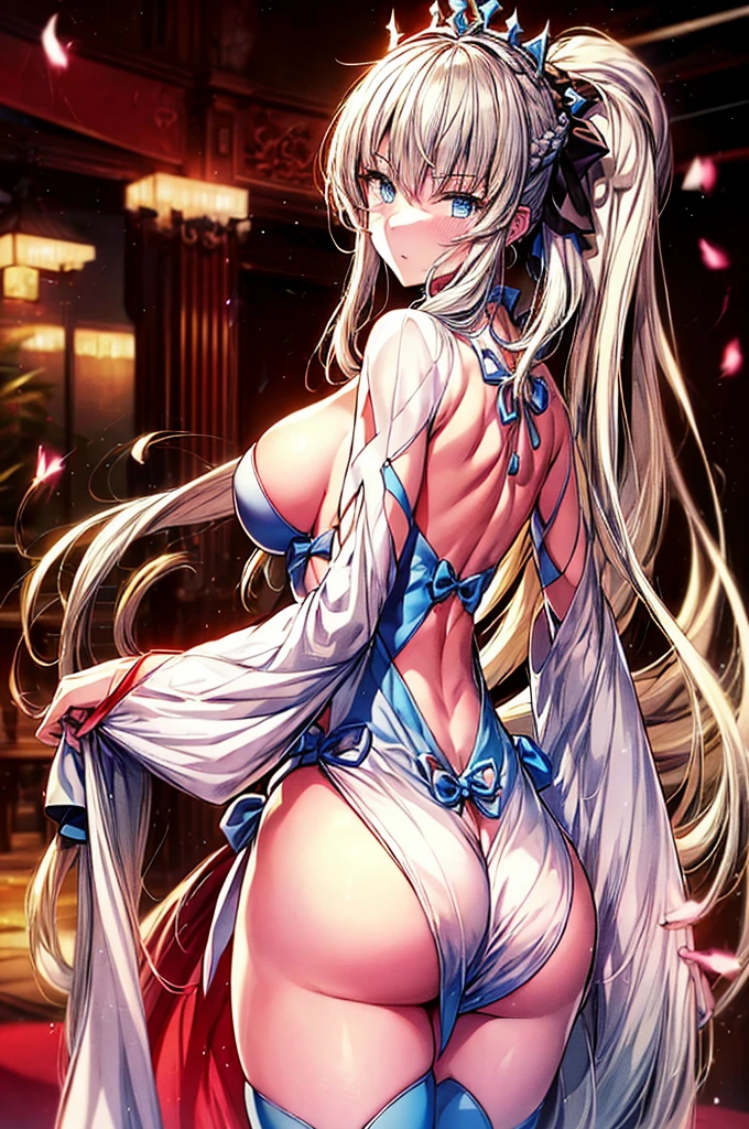 (masterpiece ,Best Quality,Insanely detailed),Beautiful 8K CG artwork,1 absolutely beautiful woman,solo,morgan le fay (fate),detailed face, perfect face, perfect eyes,detailed and beautiful eyes,Twinkle Eyes,blue eyes,Long Hair, pony tail,Very long hair,Braids,hair between eye,big boob, black bow,Hair Bow, thighs,side locks, French braid, grey hair,,bangss,large full breastare shoulders,Smile,red blush,Hi-Res,Large breasts, cleavage, Underchest, Just look at the audience, very large breast, (Large valleys), (large sagging breasts), sexly, Glamorous body,fishnet tights,cowboy shot,looking at the viewerreastsoutLooking back,Sticking out the buttocks,The back is visible,in hotel,The table,award - winning photo, (Looking at Viewer:1.2),Goddess-like posture,Kneeling exercise,Slim and soft,Translucent skin,perfect figure,Glossy lips, Perfect Anatomy , Perfect five fingers,Attractive,amazing, Super Fine Age,