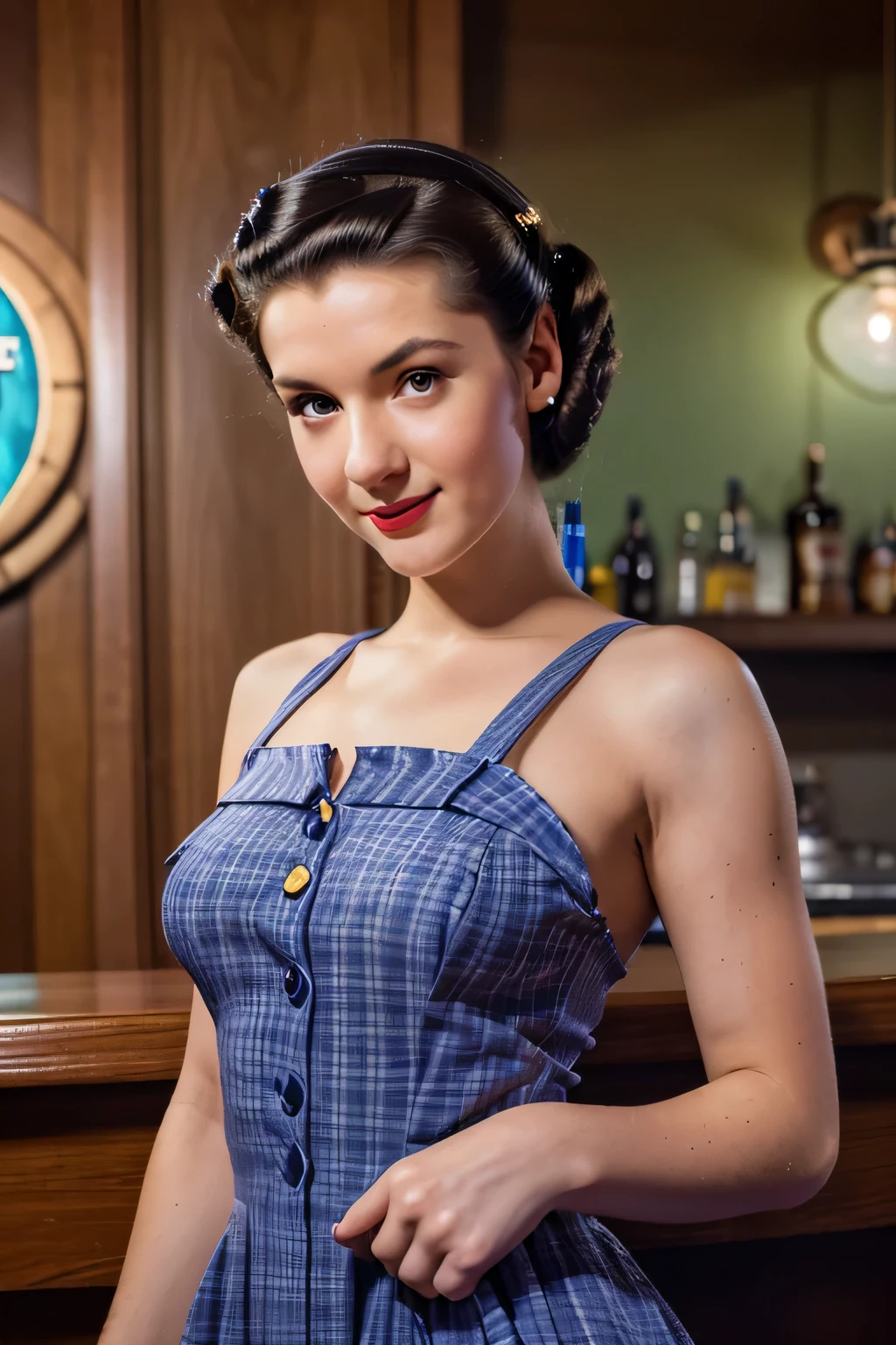 Full body portrait of Betty (1940s style, sailor dress, Highly detailed:1.3), (Highly detailed face:1.8), (Pompadour hairstyles in the 1940s:1.3), (Slim body, Small breasts, small hips:1.5), (Leaning against the bar:1.5), (dark backgrounds, old, Big band bars in the 1940s:1.4), (soft studio lighting, volumetric shadow), JCH Street Pan, ISO 100