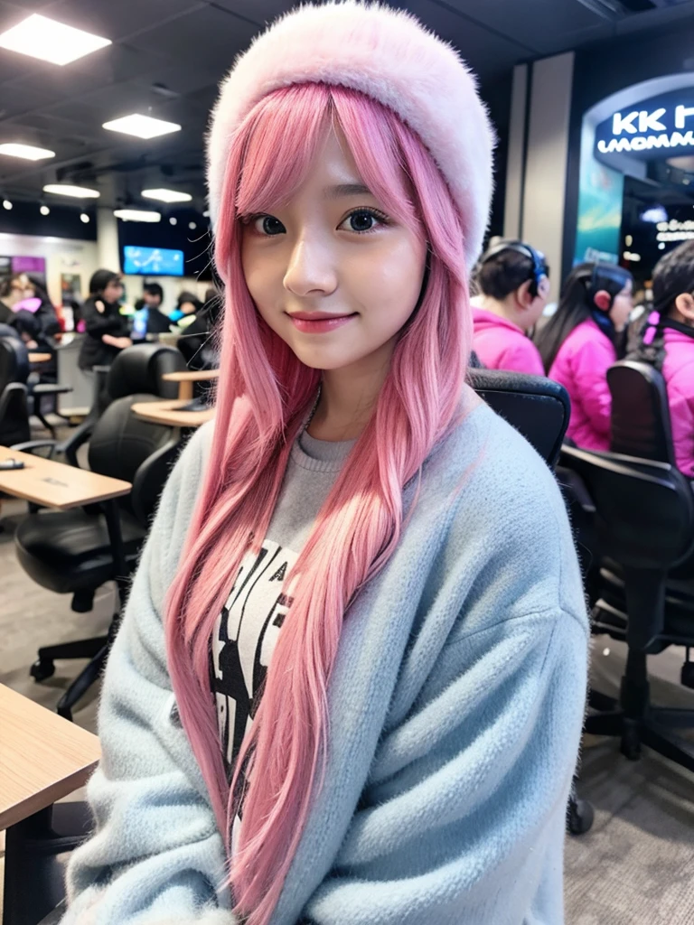 gamer girl, vibrant pink hair, long hair, makeup, winter, selfie
