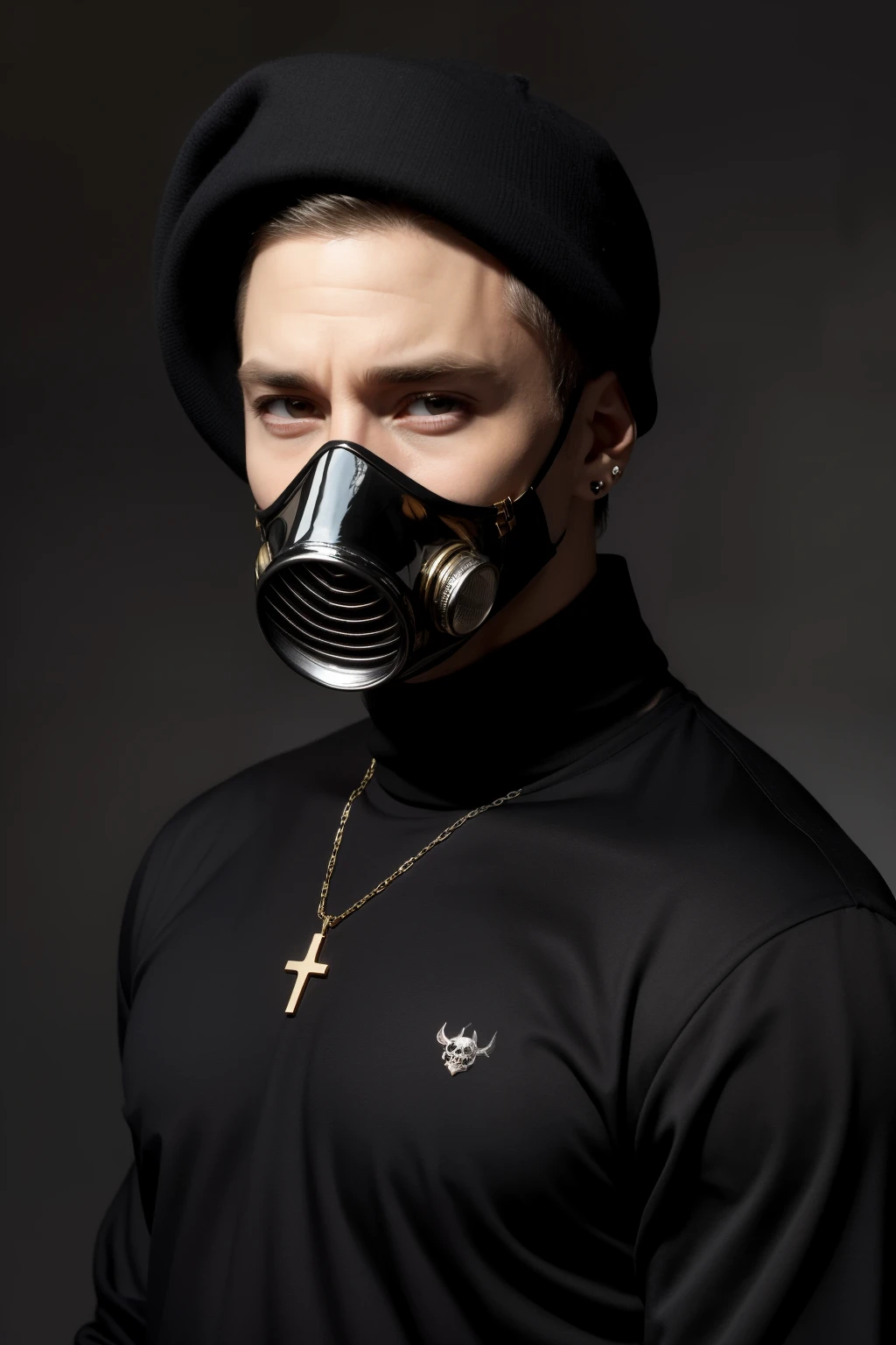 Eminem, his signature long, messy hair framing his face, his piercing, intense eyes peering through the gothic-inspired gas mask that covers the lower half of his face. The mask, adorned with intricate designs and a skull motif, is a striking contrast to his pale skin, accentuating the dark circles under his eyes. He wears a black long-sleeved shirt, buttoned all the way up to his neck, revealing a silver chain adorned with a cross pendant hanging prominently. His pants are tight-fitting, black denim jeans, and he sports white sneakers with black laces. The background is a deep shade of red, almost like blood, with a dark, ominous atmosphere, adding to the gothic feel of the portrait. Overall, the image portrays Eminem as both intimidating and melancholic, his gothic gas mask serving as a symbol of his complex identity and the struggles he's faced throughout his career.