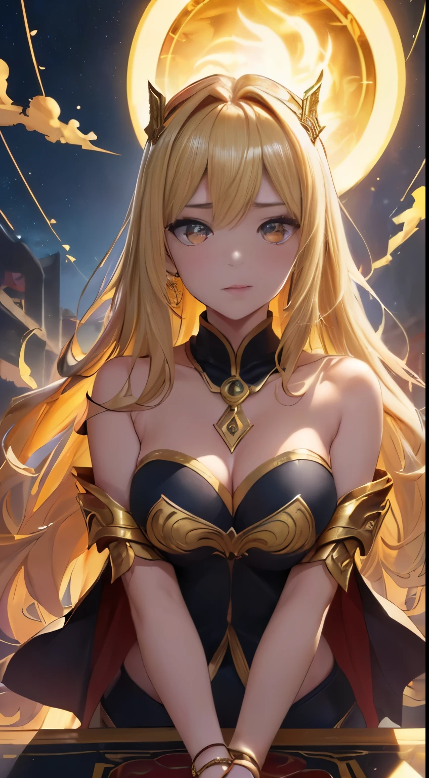 quality、image quality、masterpiece、Girl vs((18 years old、best bust、big bast、Bust 85,Beautiful golden eyes open,A blonde long-haired、A slender one、Large Valleylack and gold bikini、Golden cloak,Reflecting the whole body、Arms spread wide、A gold ring on the wrist、从你手中射出salama)）高quality、beautiful art、Background with((nigh sky、dark cloude、salama、Intense thunder、thunderclap、red thunder、蓝色salama、Golden Thunder)))On the table、visual art、depth of fields、sky at night