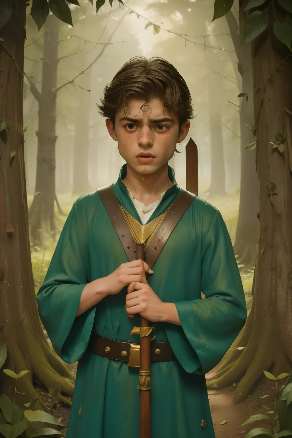 1136, Winchester, England. otherworldly scene in a medieval path in the forest, ((((13-year-old)) Matthew Daddario)), wielding a sword, ((crying big tears)), ((terrified expression)), ((((tunic from the 12th century)))), ((Hairstyle of the 12th century)), ((Wes Anderson cinematic style)), colorful