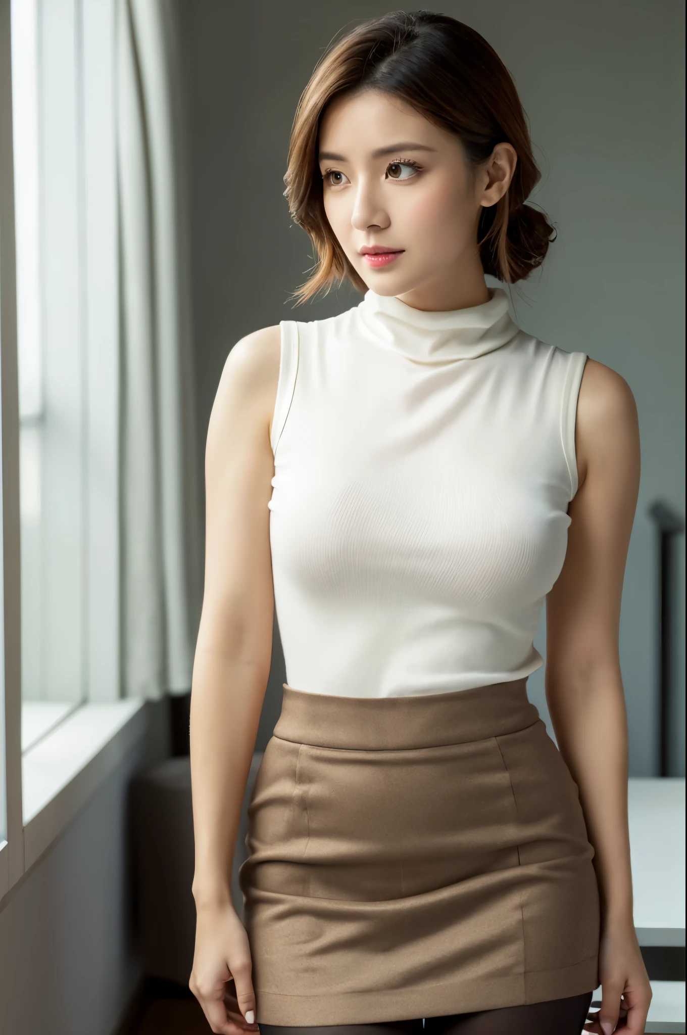 ulzzang -6500-v1.1, (Raw photo:1.2), (Photorealsitic), Beautiful detailed, (Real: 1.4), ighly detailedな目と顔, beatiful detailed eyes, Standing in the office、Sleeveless High Neck Sweater、flered skirt、Ultra-realistic pantyhose、high-heels、concentrating and thinking、huge filesize, hight resolution, ighly detailed, top-quality, [​masterpiece:1.6], illustratio, ighly detailed, nffsw, finely detail, top-quality, 8k wallpaper, Cinematographic lighting, 1 milf, 43 yeas old, perfect body type, cute droopy eyes beautiful big eyes、Pieckfinger, ((masutepiece)), Best Quality, 1 milf, eye shadow, Upper body, Portrait, ((FULL BODYSHOT:1.2))、A worried and thinking look、