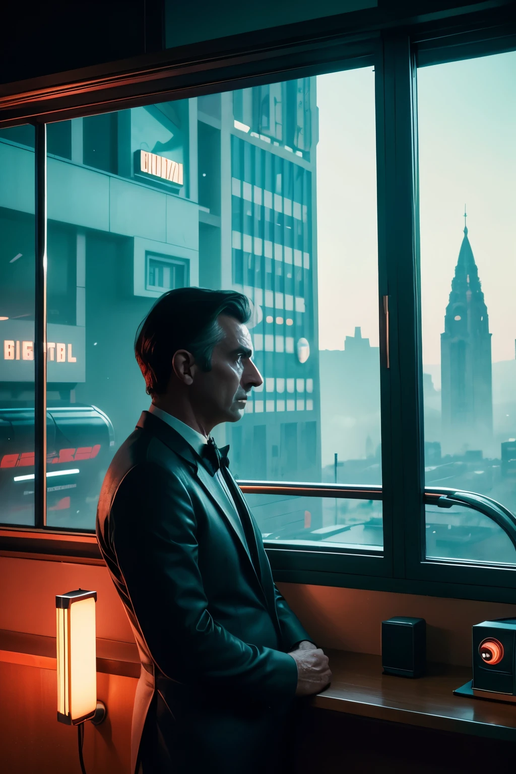 4k image from a 1960s science fiction film by Wes Anderson, Filme O Grande Hotel Budapeste, pastels colors, afared man wearing retro clothes looking through a window, big city retro futuristic neon, blade runner style, Retro-futuristic fashion clothes from the 60s with old robots, Luz Natural, Psicodelia, futurista estranho, retro-futurista, photo-realistic, Sharp background details, solitude, sadness, lonely man.