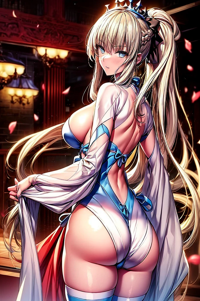 (masterpiece ,Best Quality,Insanely detailed),Beautiful 8K CG artwork,1 absolutely beautiful woman,solo,morgan le fay (fate),detailed face, perfect face, perfect eyes,detailed and beautiful eyes,Twinkle Eyes,blue eyes,Long Hair, pony tail,Very long hair,Braids,hair between eye,big boob, black bow,Hair Bow, thighs,side locks, French braid, grey hair,,bangss,large full breastare shoulders,Smile,red blush,Hi-Res,Large breasts, cleavage, Underchest, Just look at the audience, very large breast, (Large valleys), (large sagging breasts), sexly, Glamorous body,fishnet tights,cowboy shot,looking at the viewerreastsoutLooking back,Sticking out the buttocks,The back is visible,in hotel,The table,award - winning photo, (Looking at Viewer:1.2),Goddess-like posture,Kneeling exercise,Slim and soft,Translucent skin,perfect figure,Glossy lips, Perfect Anatomy , Perfect five fingers,Attractive,amazing, Super Fine Age,