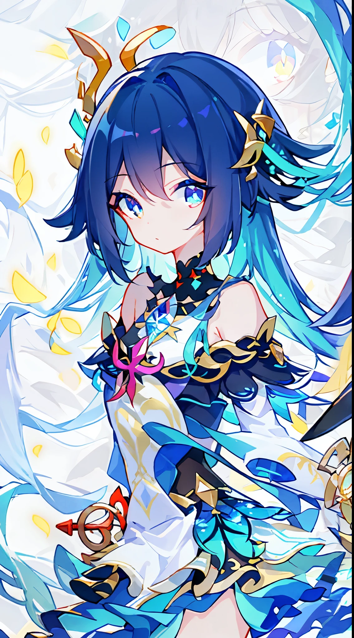 (Best Quality,8K,hight resolution:1.2), Brightly colored hair waving in the wind, Captivating rainbow-colored eyes like a kaleidoscope, Cute and innocent face with rosy cheeks, the fantastical existence of an angel, A moonlit night that emits a soft light, sacred figures and mythical beings, Mini skirt fluttering in the wind, tops that show shoulders, Elegant uniforms, dramatic long oxtail hair, delicate and sophisticated curves, Highly detailed and realistic representation, highest level of craftsmanship, Reproduce breathtaking details in 8K resolution, Vibrant colors that pop out, The perfect combination of realism and fantasy, A mesmerizing masterpiece that captures every intricate detail.