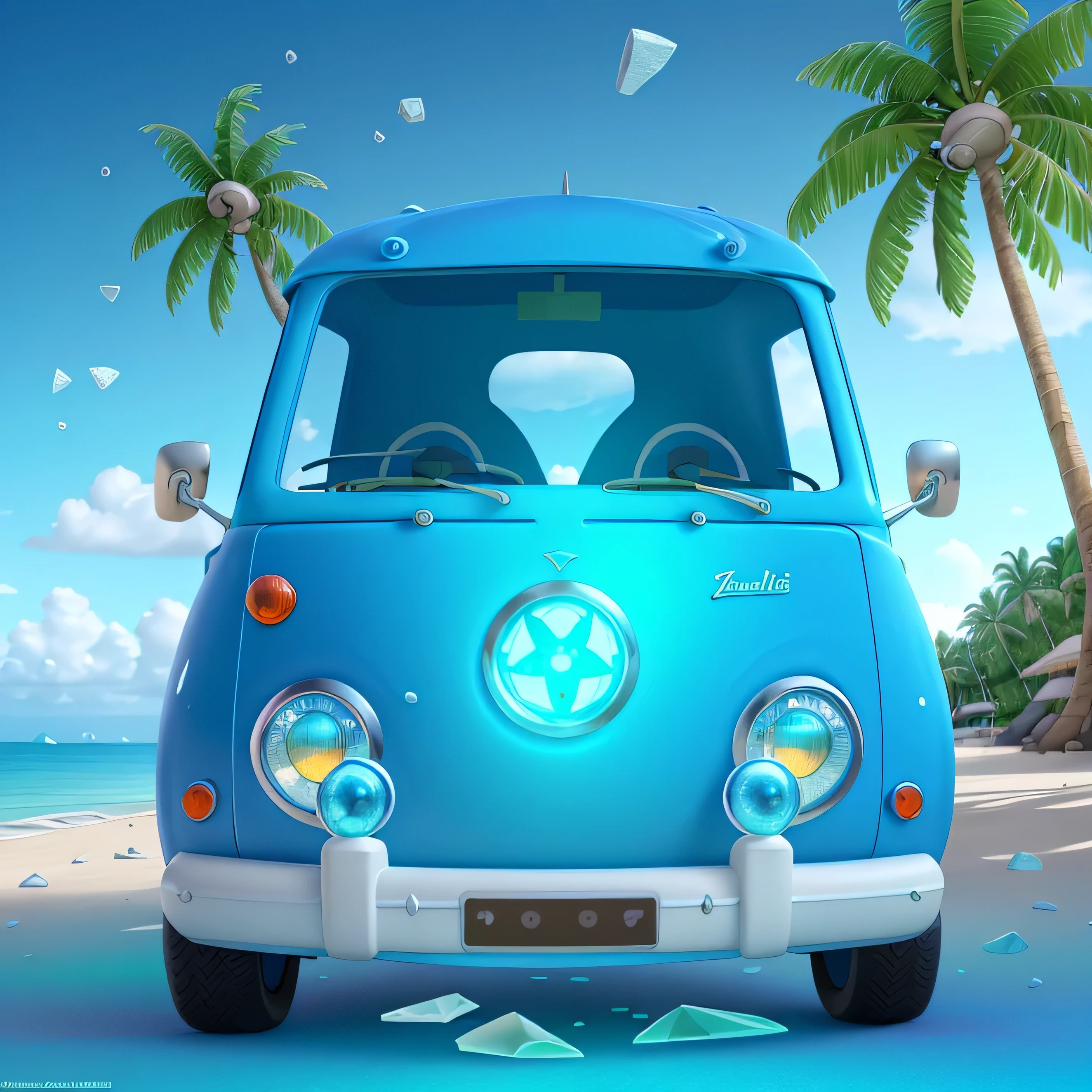 van with aluminum headlights, telhado branco e cor azul em uma praia sob coqueiros, Efeito vidro quebrado, sem antecedentes, atordoante, algo que nem existe, Being mythical, energia, molecular, Texturas, Escalas iridescentes e luminescentes, breathtaking beauty, pure perfection, Divine Presence, unforgettable, impressionante, breathtaking beauty, volumetric light, Ter, raios, cores vivas reflete