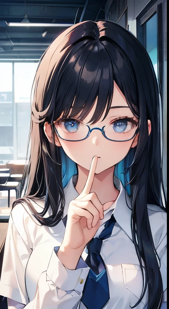 Female, 18 years old, blue-black hair, blue-blue eyes, wears round glasses, wears a school uniform, has her hair down long 2 finger