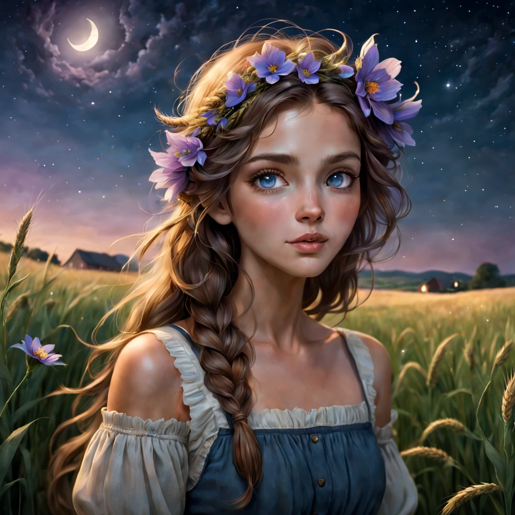 (best quality,highres,ultra-detailed,realistic),nighttime,farm life,girl with a flower in her hair,beautiful detailed eyes,beautiful detailed lips,hair flowing in the wind,farmhouse in the background,moonlit sky,soft warm lighting on the girl's face,peaceful atmosphere,serene expression,grass swaying in the breeze,stars twinkling overhead,fireflies dancing around,whispering night winds,crickets chirping in the distance,tranquil and idyllic setting,subtle hues of blue and purple,subtle warm tones,ethereal and dreamlike ambiance,faint scent of blooming flowers,farmland stretching into the distance,fields of wheat gently swaying,peaceful sound of a nearby stream,nighttime adventures,magical and enchanting vibes.