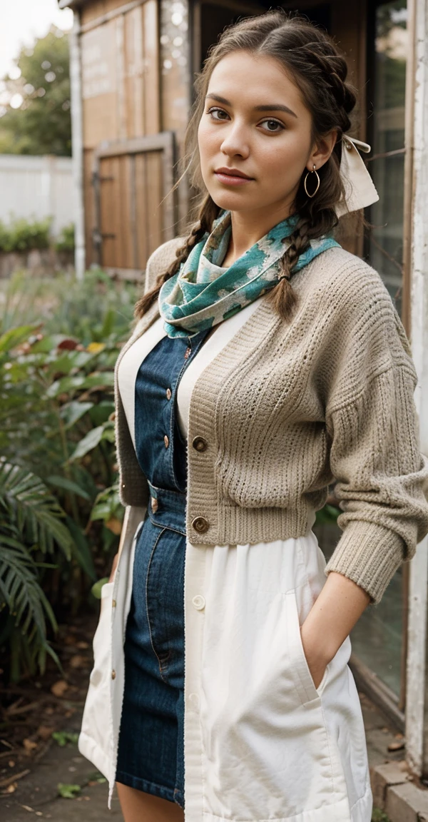 A minimalist yet impactful portrait of a young woman modeling a repurposed vintage outfit. Her hair is styled in a simple braid, and she wears a carefully curated ensemble of thrifted clothes and upcycled accessories. The backdrop is a lush urban garden, showcasing her commitment to sustainable fashion and ethical consumption. The overall mood is conscious and creative, inspiring viewers to embrace a more mindful approach to style and environmental responsibility.Layer her oversized cardigan with a vintage printed scarf for a bohemian touch.
Add a pair of statement earrings inspired by literary themes (e.g., quill pens, tiny books).
Give her a well-worn leather satchel to carry her beloved novels.