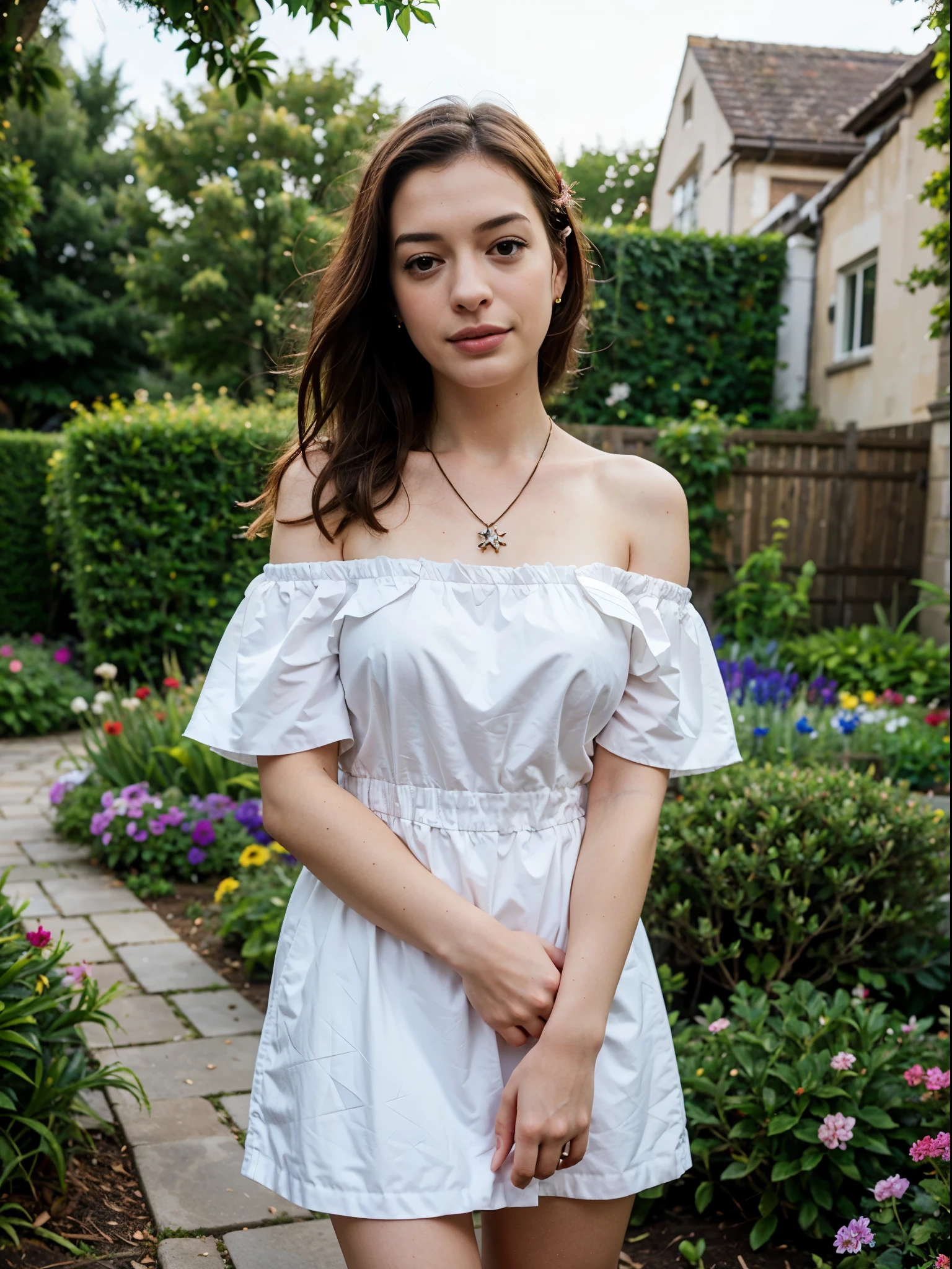 25 y.o, off shoulder dress, face like anne hathaway, garden, flower, necklace