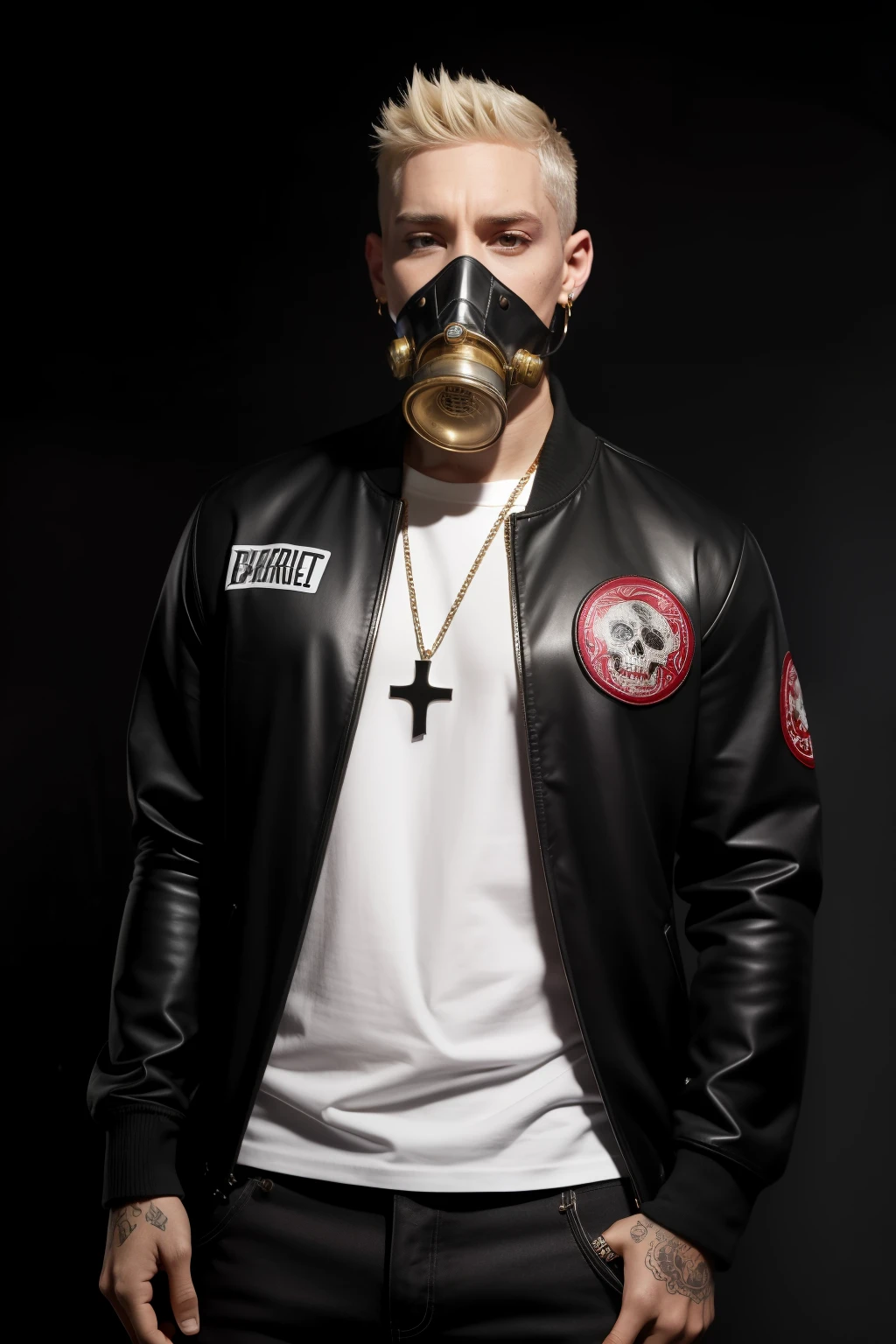 Eminem, his signature long, messy hair framing his face, his piercing, intense eyes peering through the gothic-inspired gas mask that covers the lower half of his face. The mask, adorned with intricate designs and a skull motif, is a striking contrast to his pale skin, accentuating the dark circles under his eyes. He wears a black long-sleeved shirt, buttoned all the way up to his neck, revealing a silver chain adorned with a cross pendant hanging prominently. His pants are tight-fitting, black denim jeans, and he sports white sneakers with black laces. The background is a deep shade of red, almost like blood, with a dark, ominous atmosphere, adding to the gothic feel of the portrait. Overall, the image portrays Eminem as both intimidating and melancholic, his gothic gas mask serving as a symbol of his complex identity and the struggles he's faced throughout his career.