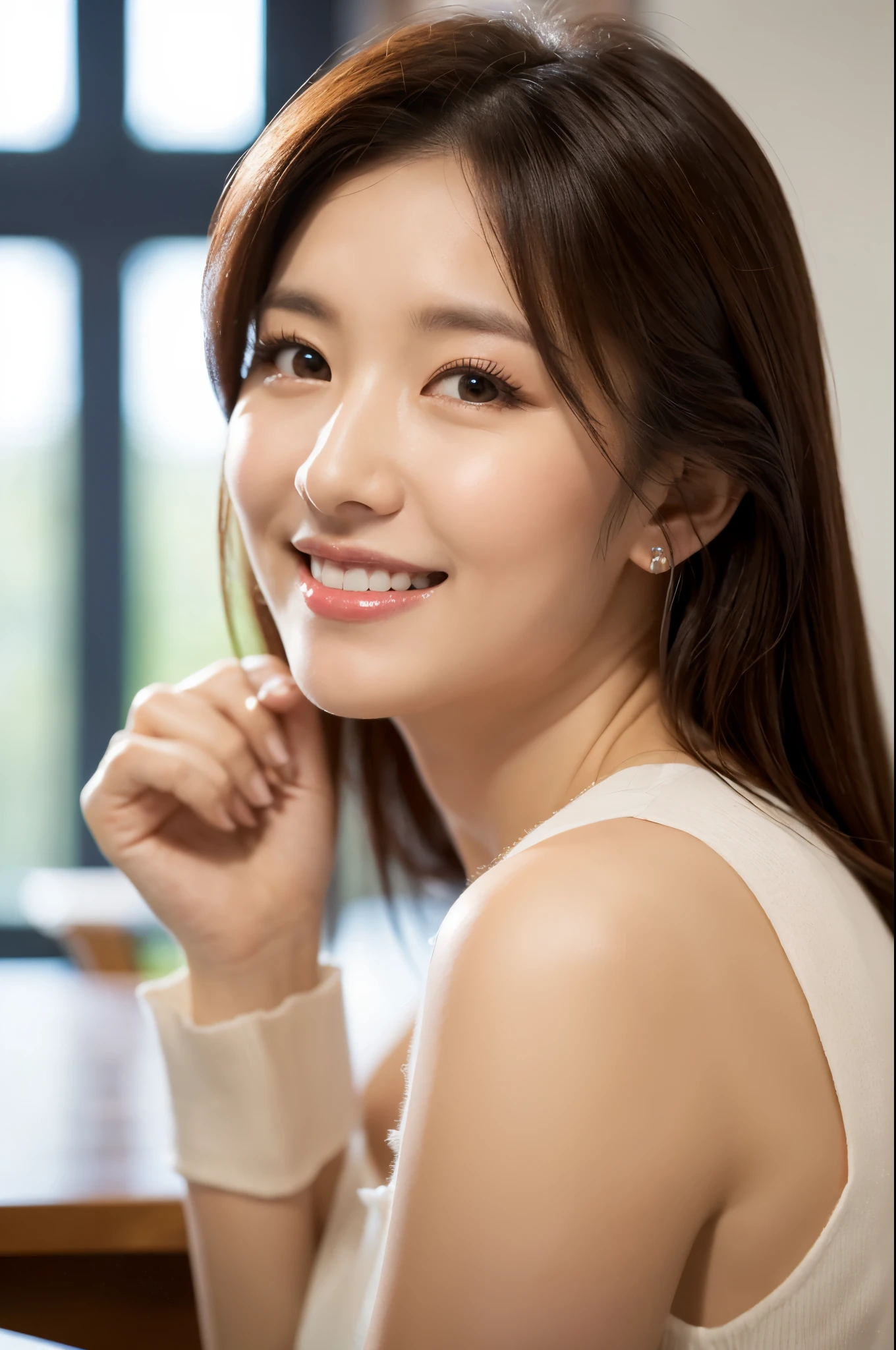 ulzzang -6500-v1.1, (Raw photo:1.2), (Photorealsitic), Beautiful detailed, (Real: 1.4), ighly detailedな目と顔, beatiful detailed eyes, Standing in the office、Sleeveless High Neck Sweater、flered skirt、Ultra-realistic pantyhose、high-heels、standing with legs crossed、huge filesize, hight resolution, ighly detailed, top-quality, [​masterpiece:1.6], illustratio, ighly detailed, nffsw, finely detail, top-quality, 8k wallpaper, Cinematographic lighting, 1 milf, 43 yeas old, perfect body type, cute droopy eyes beautiful big eyes、Pieckfinger, ((masutepiece)), Best Quality, 1 milf, eye shadow, Upper body, Portrait, ((FULL BODYSHOT:1.2))、(Very affectionate smile:1.2)、
