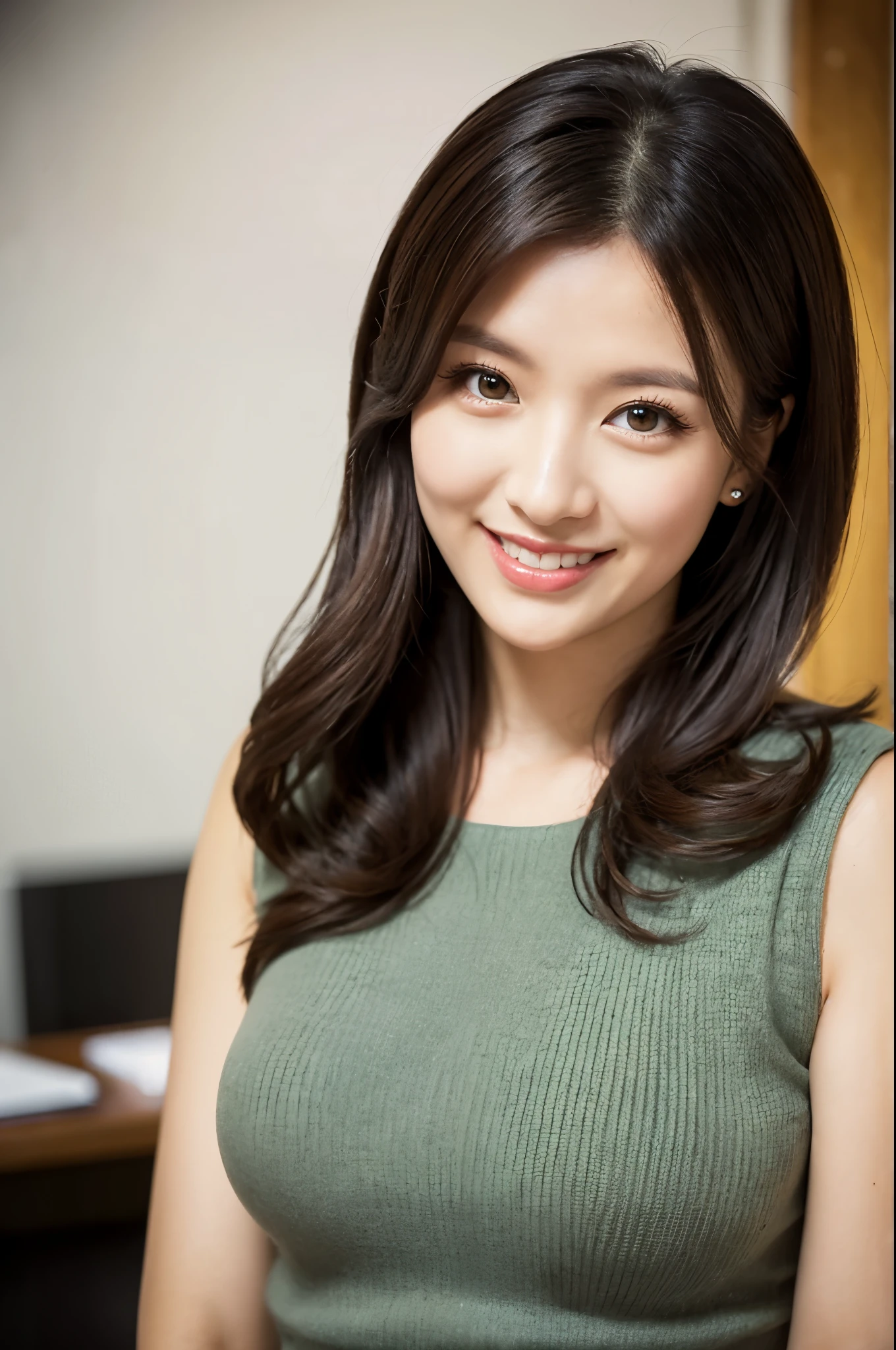 ulzzang -6500-v1.1, (Raw photo:1.2), (Photorealsitic), Beautiful detailed, (Real: 1.4), ighly detailedな目と顔, beatiful detailed eyes, Standing in the office、Sleeveless High Neck Sweater、flered skirt、Ultra-realistic pantyhose、high-heels、standing with legs crossed、huge filesize, hight resolution, ighly detailed, top-quality, [​masterpiece:1.6], illustratio, ighly detailed, nffsw, finely detail, top-quality, 8k wallpaper, Cinematographic lighting, 1 milf, 43 yeas old, perfect body type, cute droopy eyes beautiful big eyes、Pieckfinger, ((masutepiece)), Best Quality, 1 milf, eye shadow, Upper body, Portrait, ((FULL BODYSHOT:1.2))、(Very affectionate smile:1.2)、