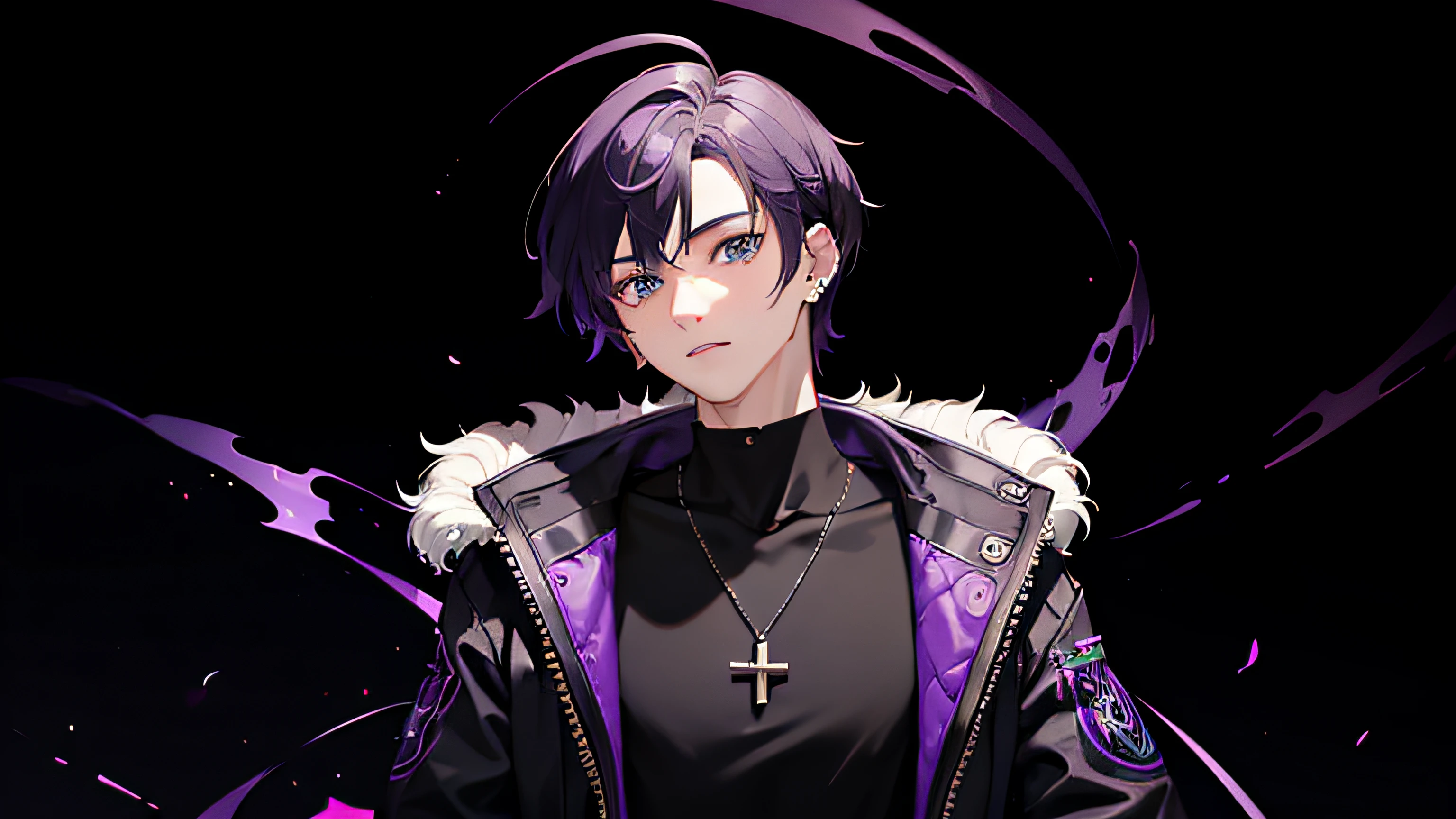 ((masterpiece,best quality)),1boy,midnight purple hair, outer purple varsity, glowing, sidelighting, using black ring, black necklace, black piercing