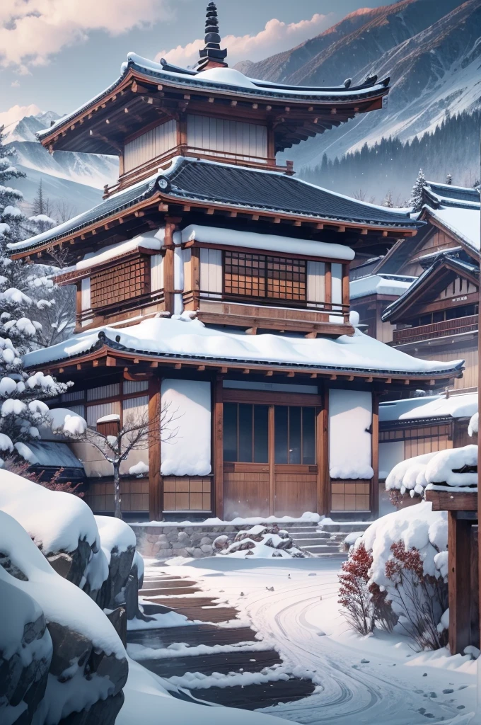 (Best Quality, 8K, masutepiece :1.3), snow mountains, Quiet snow-capped landscape, Breathtaking natural landscapes, Outside, traditional japanese building, quiet mountain resort, A quiet winter wonderland, Snow-covered peaks, Majestic beauty, pristine white snow,