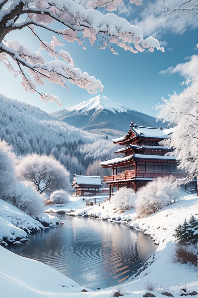 (Best Quality, 8K, masutepiece :1.3), snow mountains, Quiet snow-capped landscape, Breathtaking natural landscapes, Outside, traditional japanese building, quiet mountain resort, A quiet winter wonderland, Snow-covered peaks, Majestic beauty, pristine white snow,